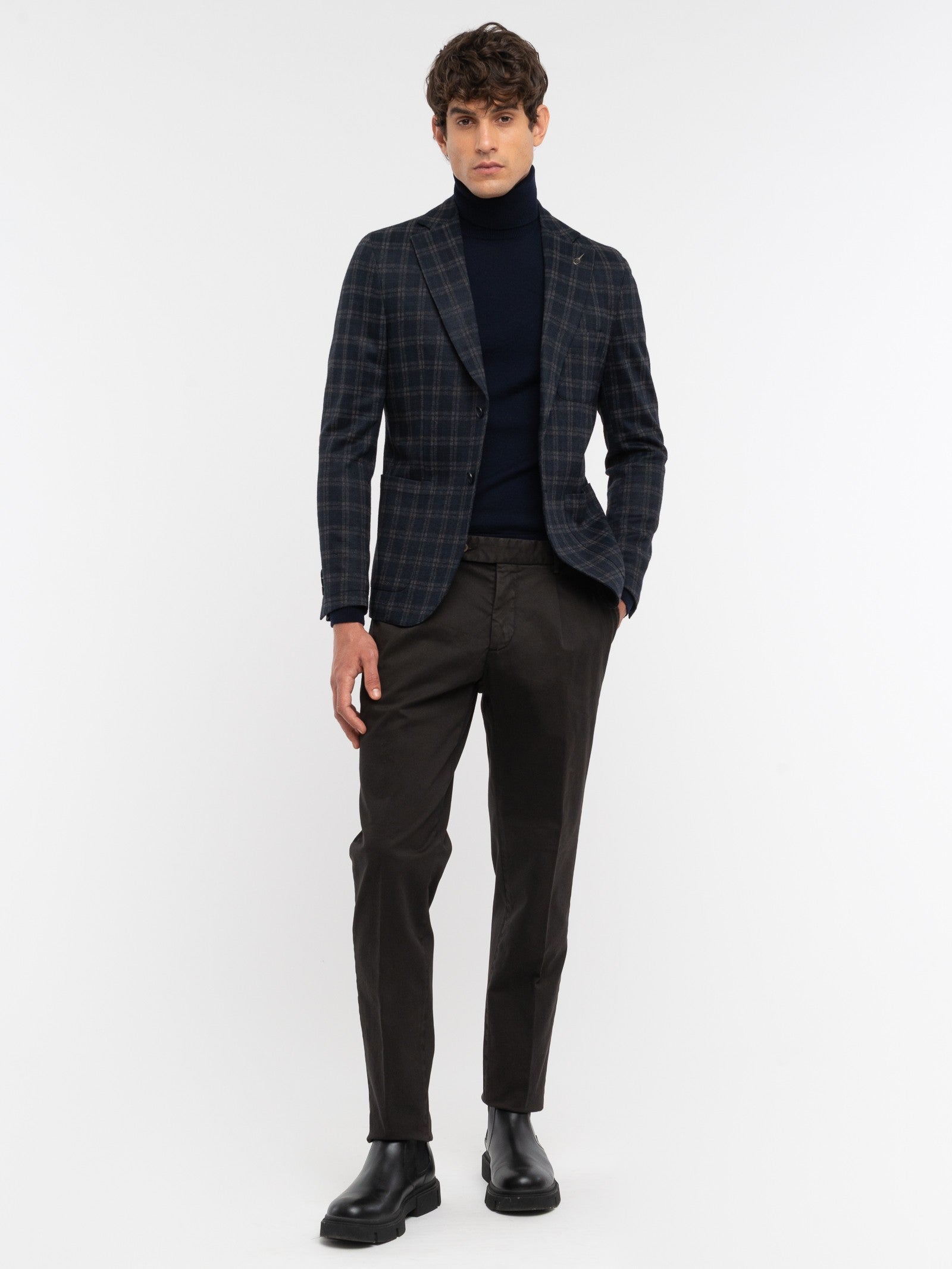 Giacca jersey check misto lana 44 / BLU