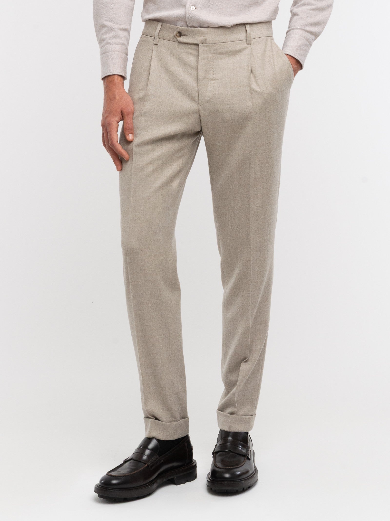 Pantalone pinces flanella di lana stretch 44 / BEIGE