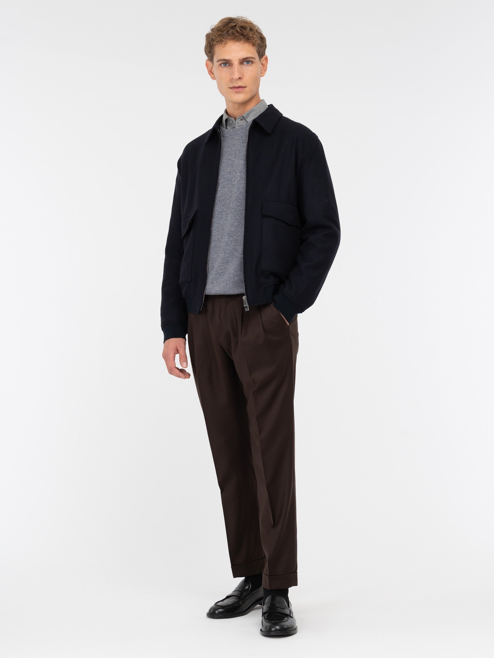 Pantalone doppia pinces flanella di lana stretch 44 / MARRONE