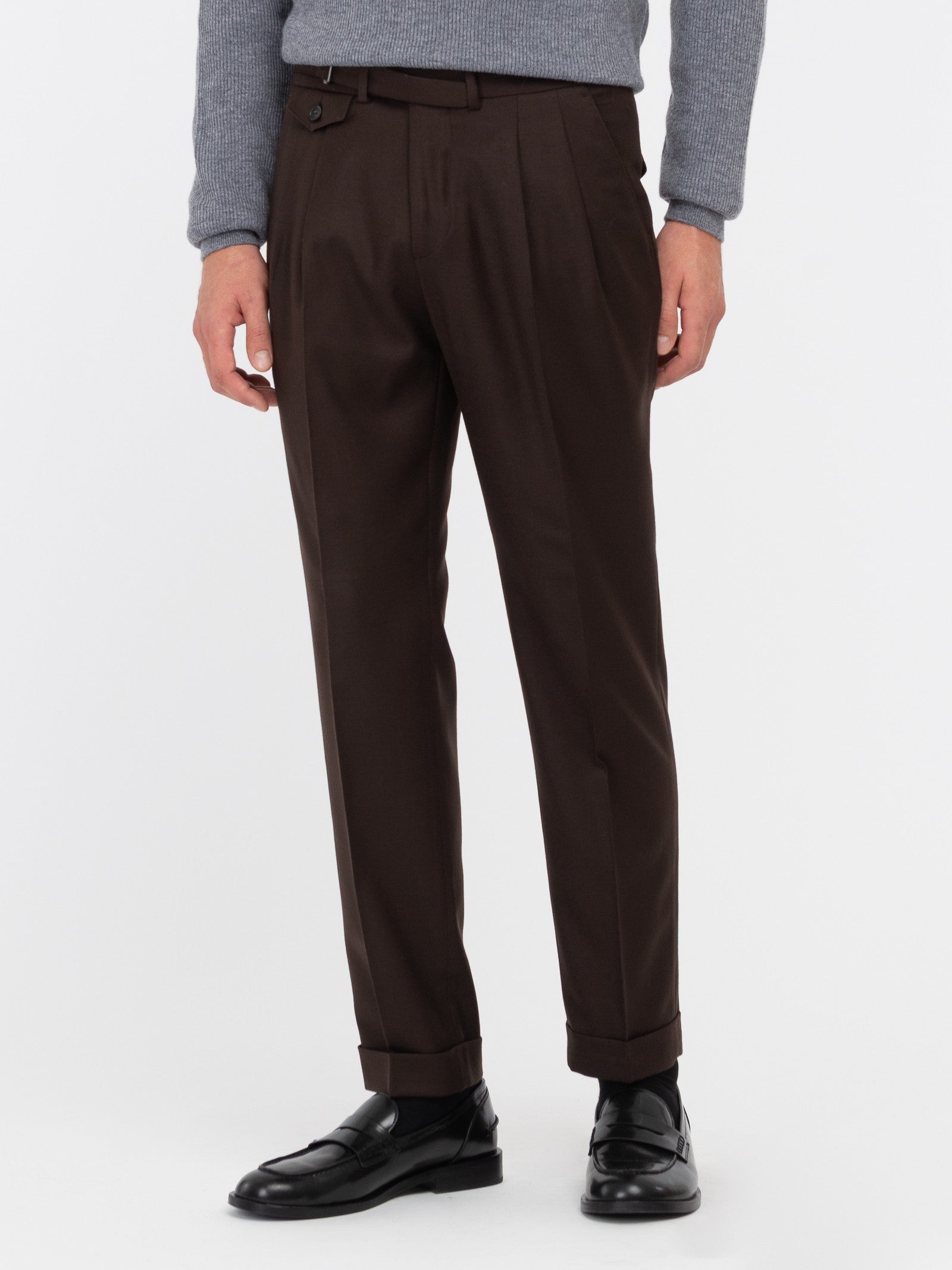 Pantalone doppia pinces flanella di lana stretch 44 / MARRONE