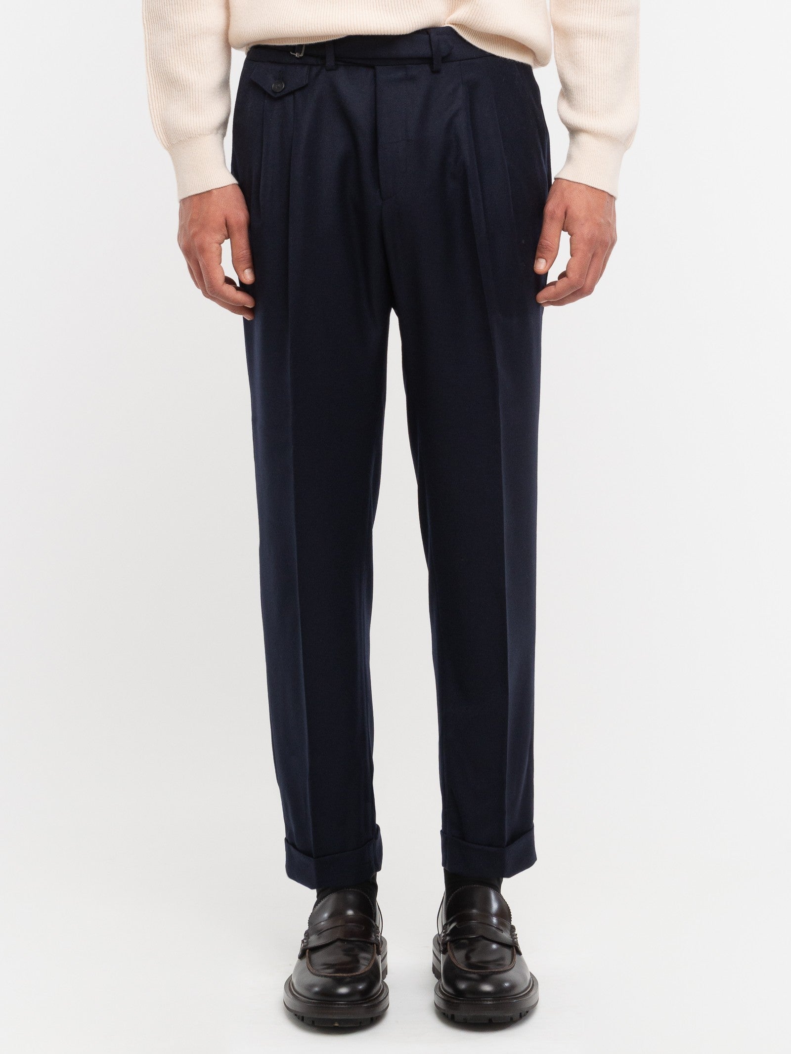 Pantalone doppia pinces flanella di lana stretch 44 / BLU