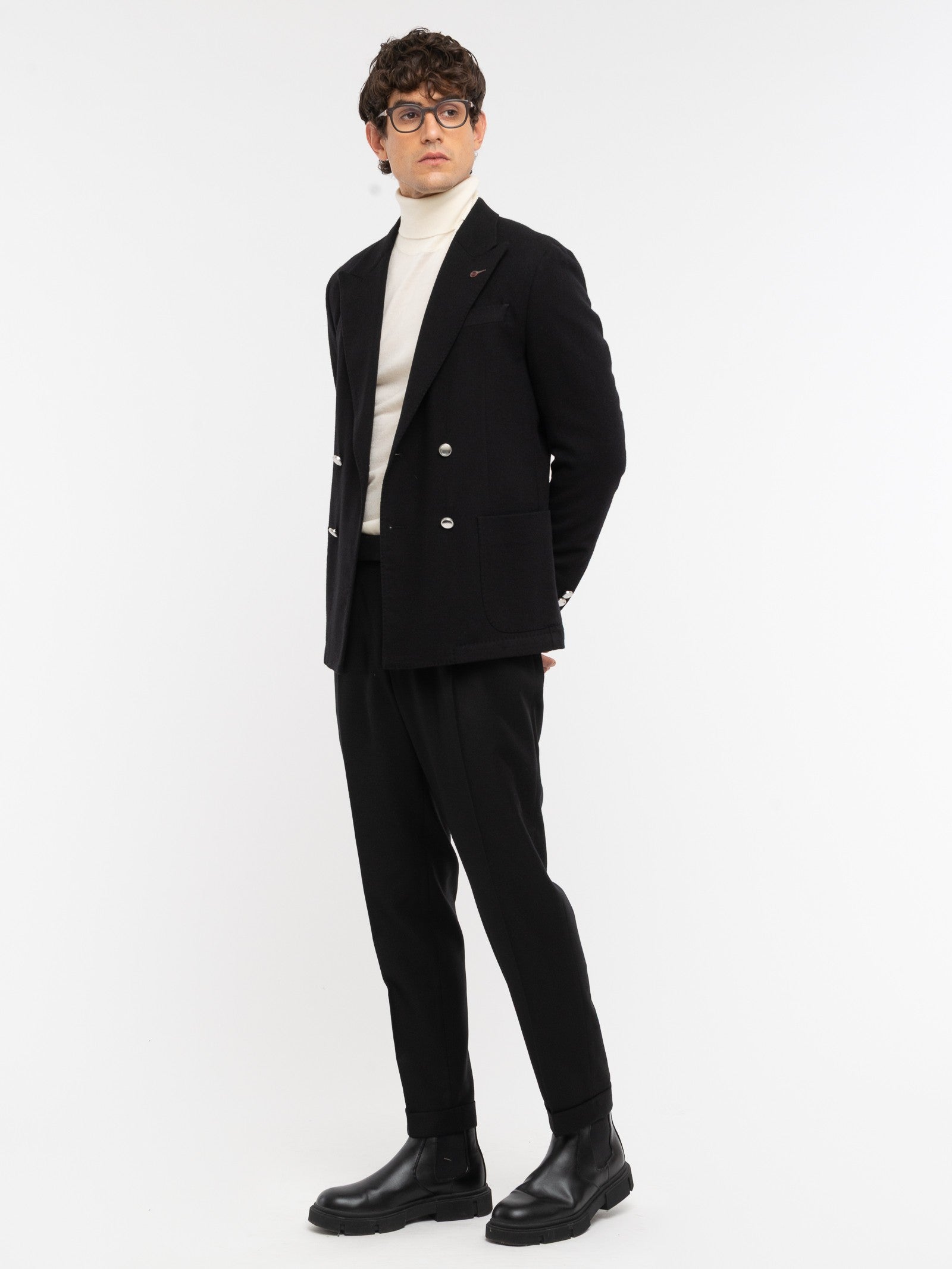 Giacca doppiopetto in flanella misto lana stretch 44 / NERO
