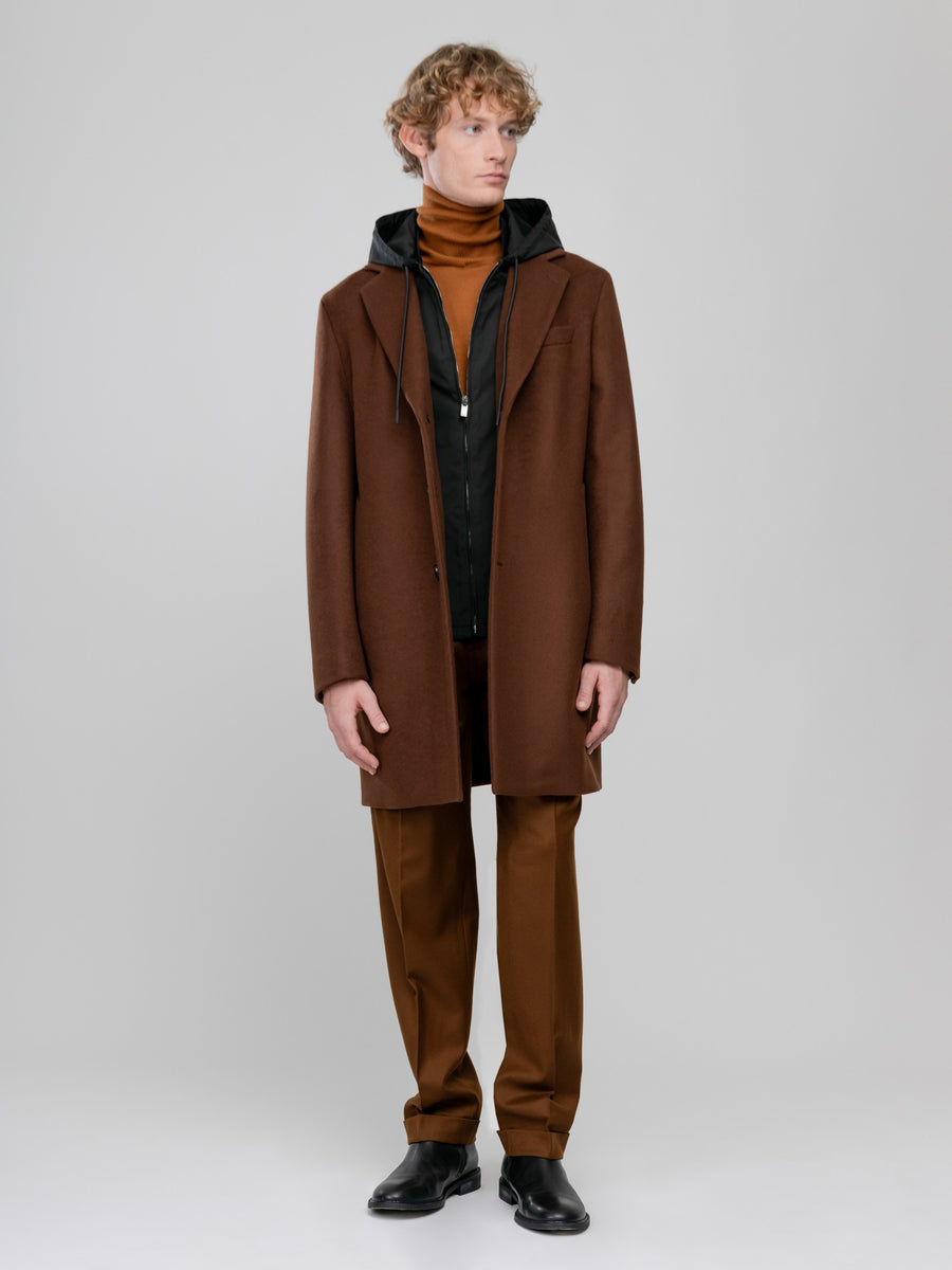 Cappotto con pettorina cappuccio in beaver lana cashmere 44 / MARRONE