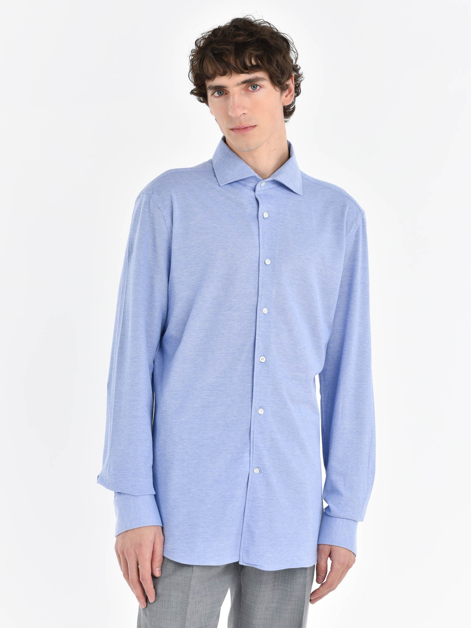 Camicia regular piquet di jersey in cotone 38 / AZZURRO