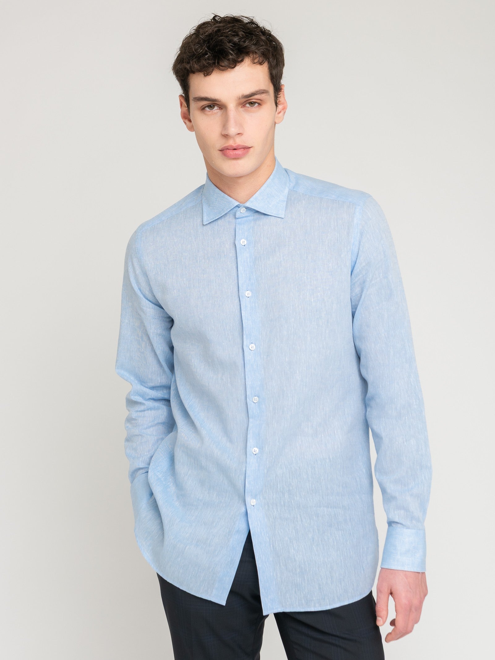 Camicia collo francia lino cotone 38 / CELESTE