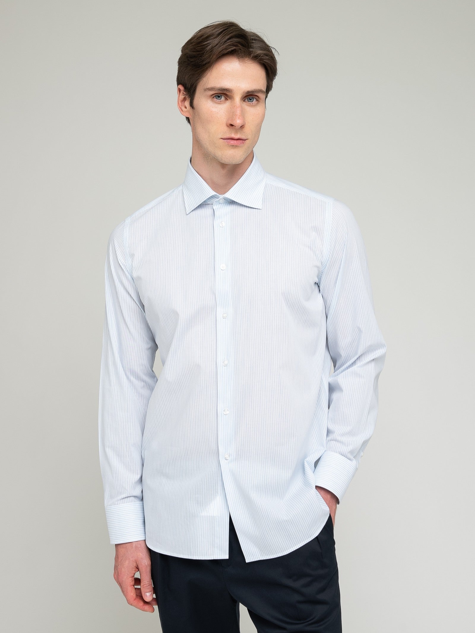 Camicia collo francia riga in cotone 38 / CELESTE