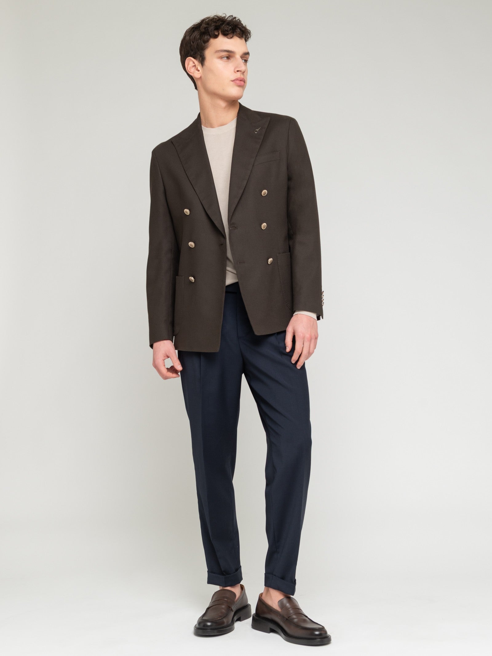 Giacca doppiopetto cotone stretch diagonale 44 / MARRONE
