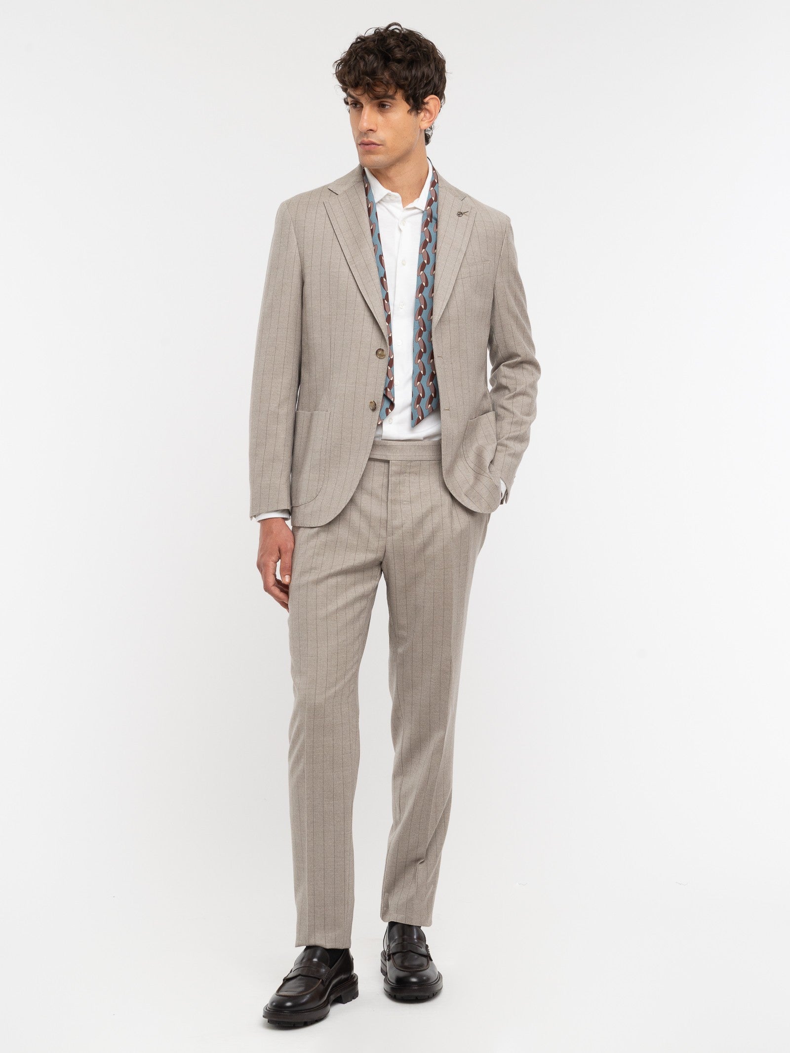 Abito gessato di lana stretch 44 / BEIGE