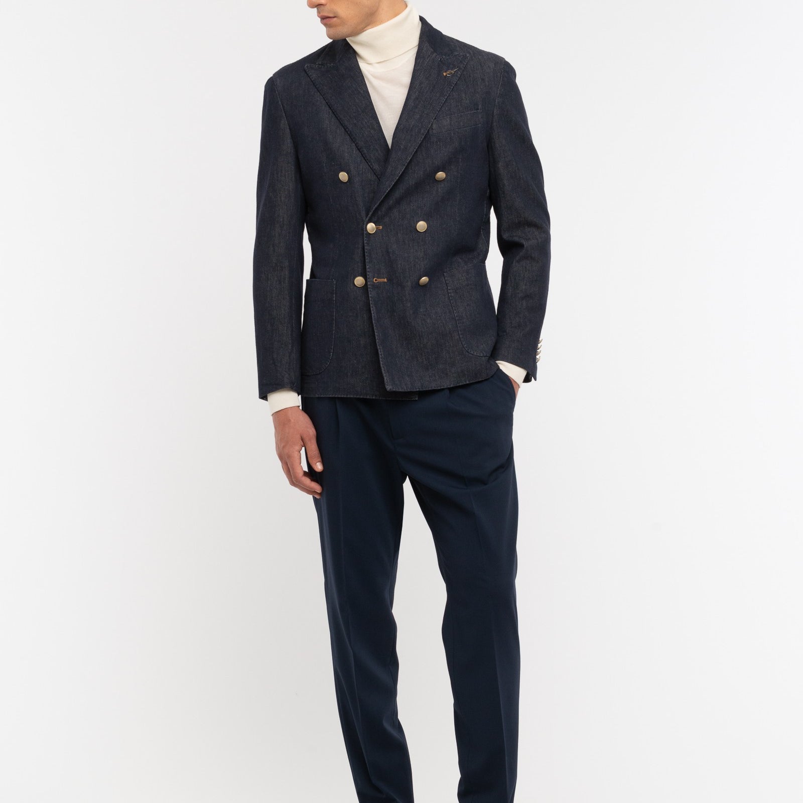 Giacca doppiopetto lavata in denim stretch 44 / BLU