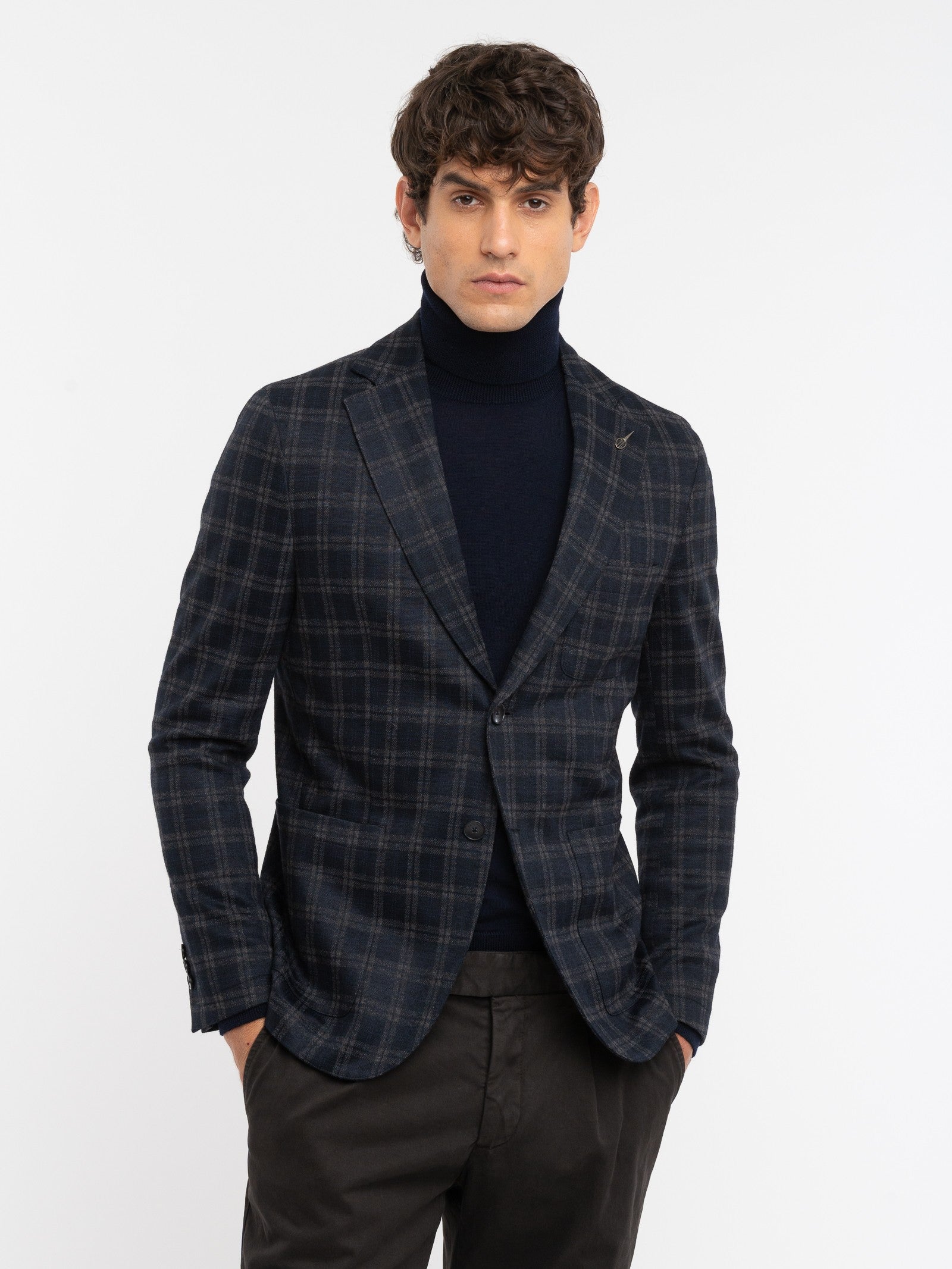 Giacca jersey check misto lana 44 / BLU