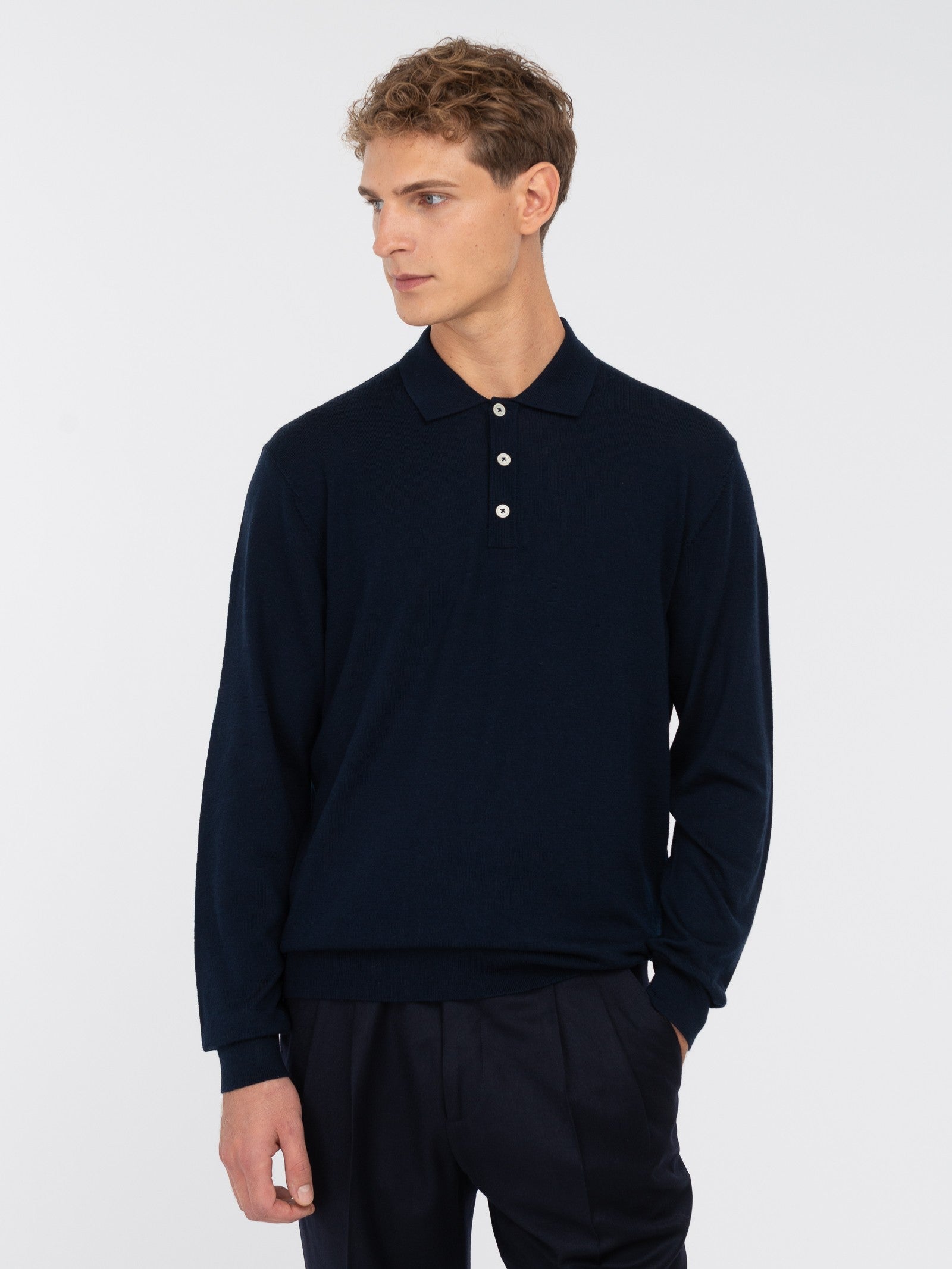 Polo manica lunga rasato pura lana merinos 3XL / BLU