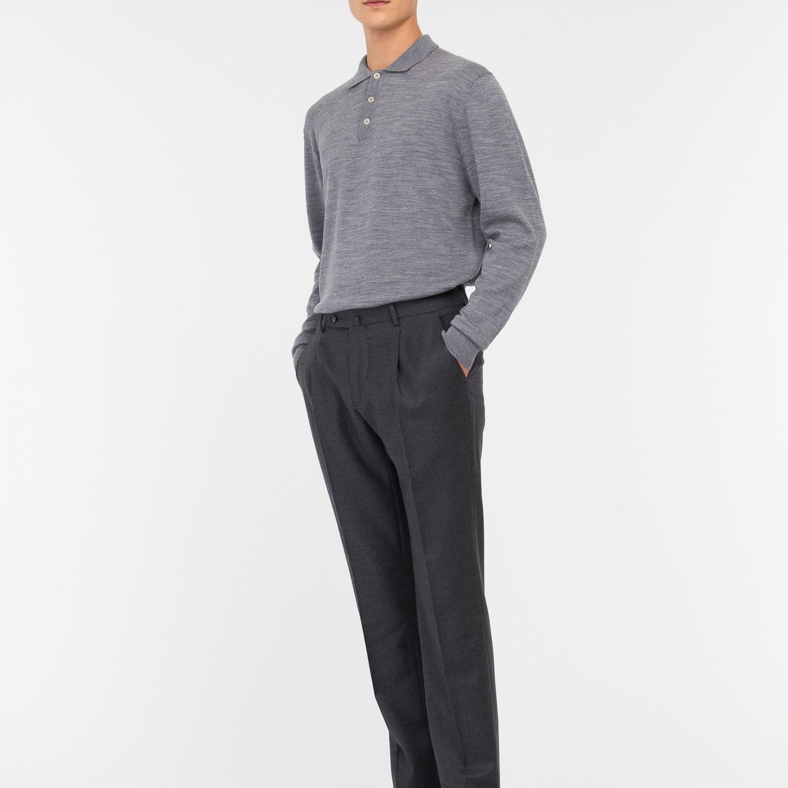 Polo manica lunga rasato pura lana merinos 3XL / GRIGIO