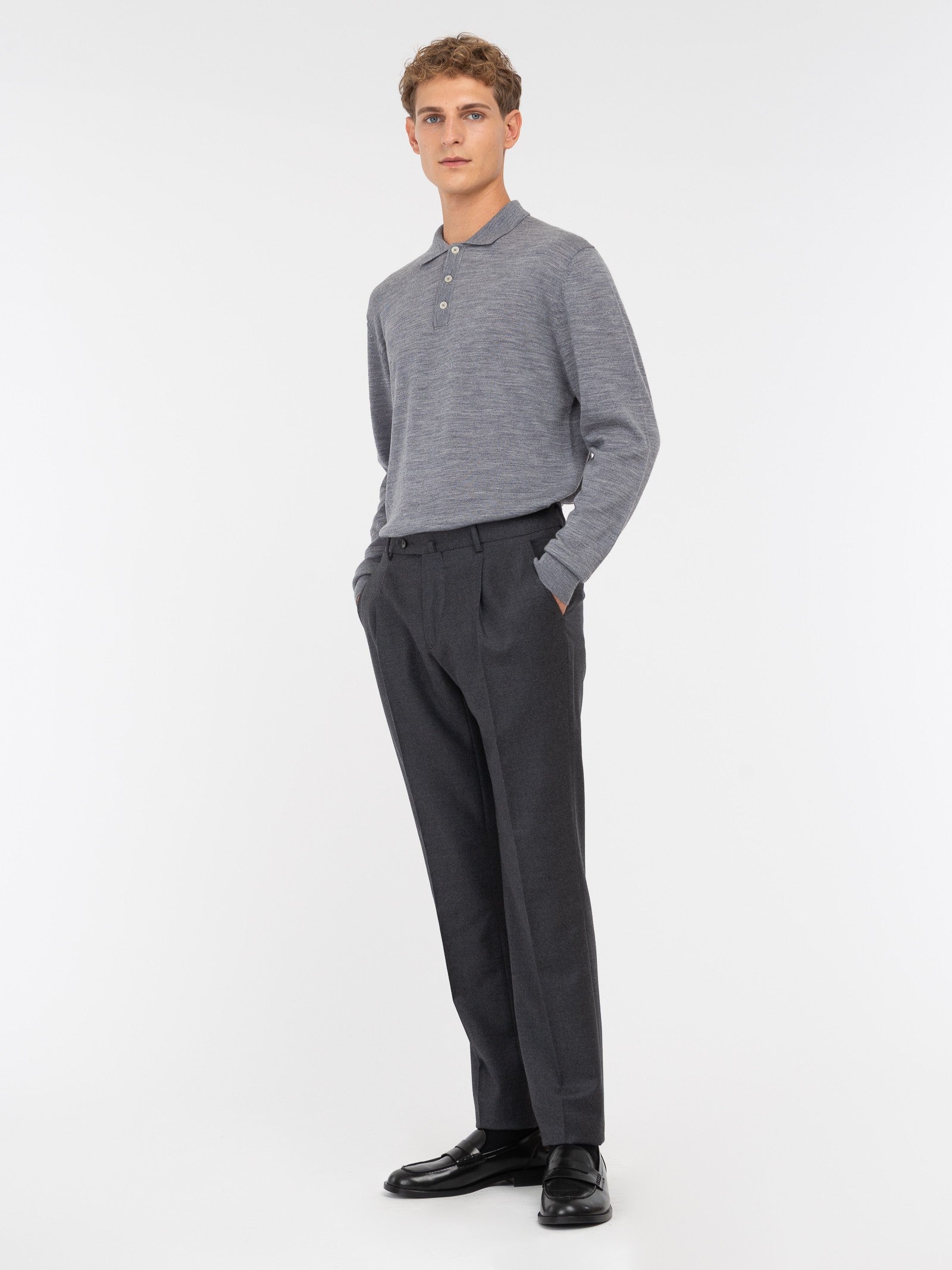 Polo manica lunga rasato pura lana merinos 3XL / GRIGIO