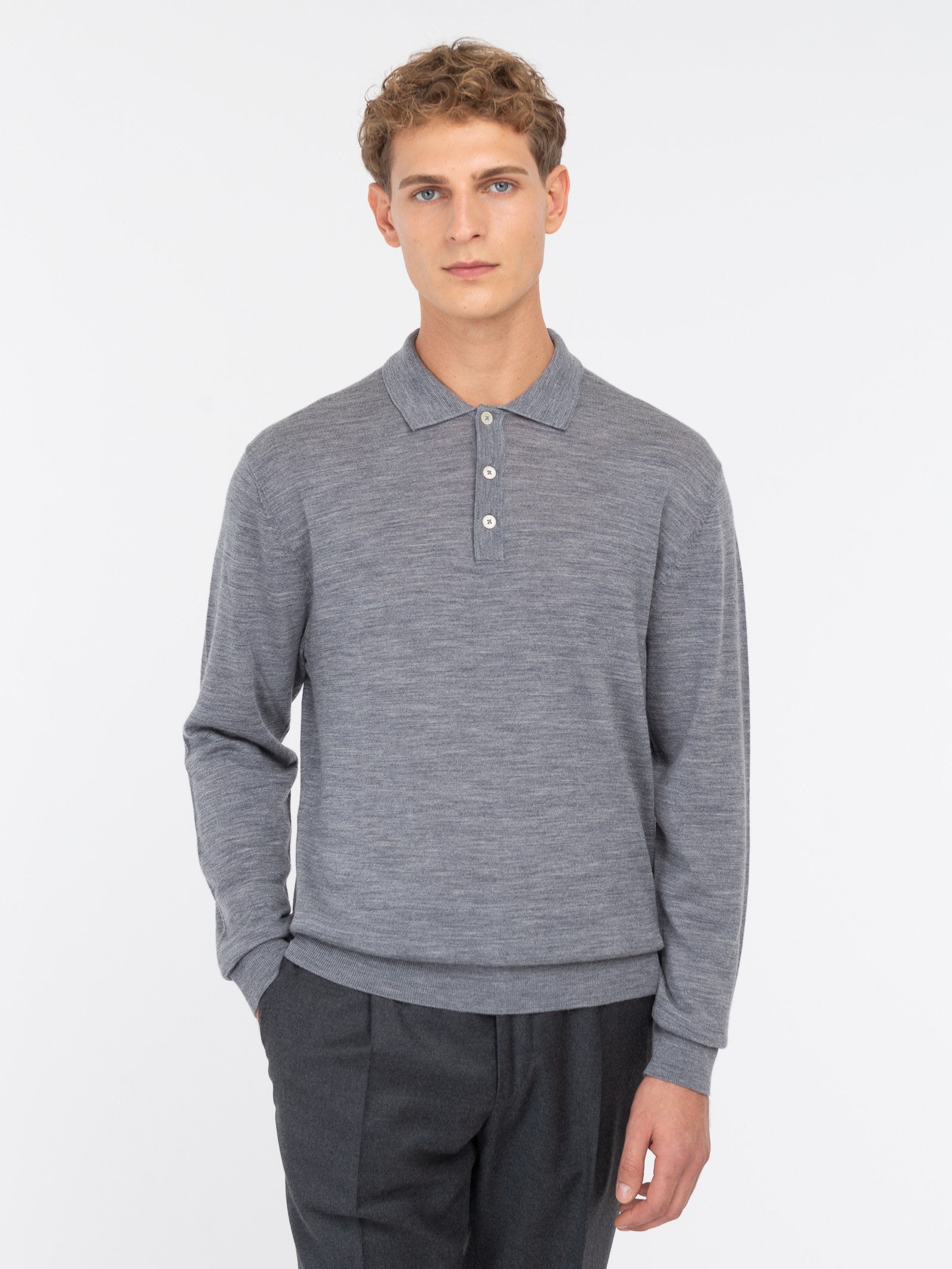 Polo manica lunga rasato pura lana merinos 3XL / GRIGIO
