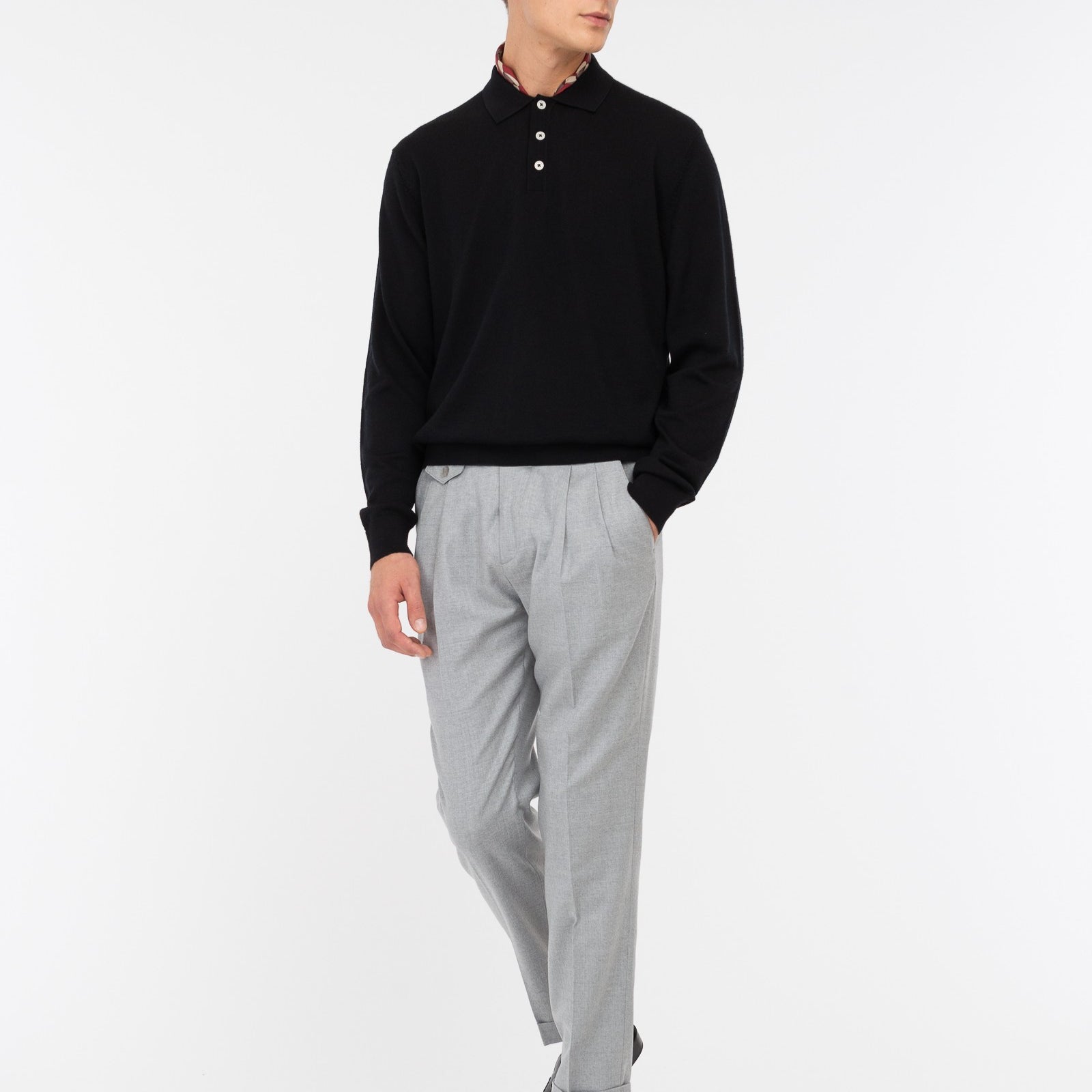 Polo manica lunga rasato pura lana merinos 3XL / NERO
