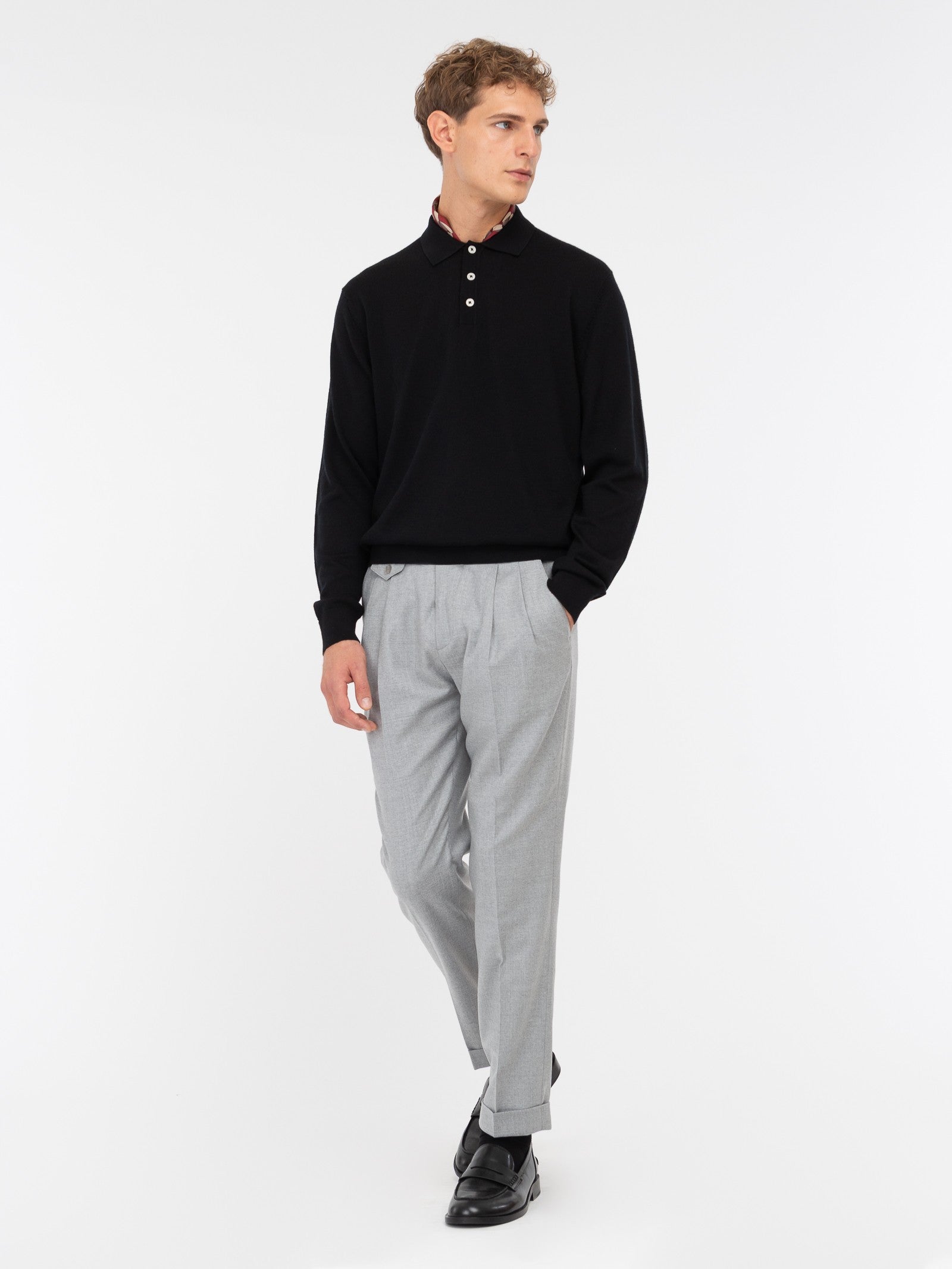 Polo manica lunga rasato pura lana merinos 3XL / NERO