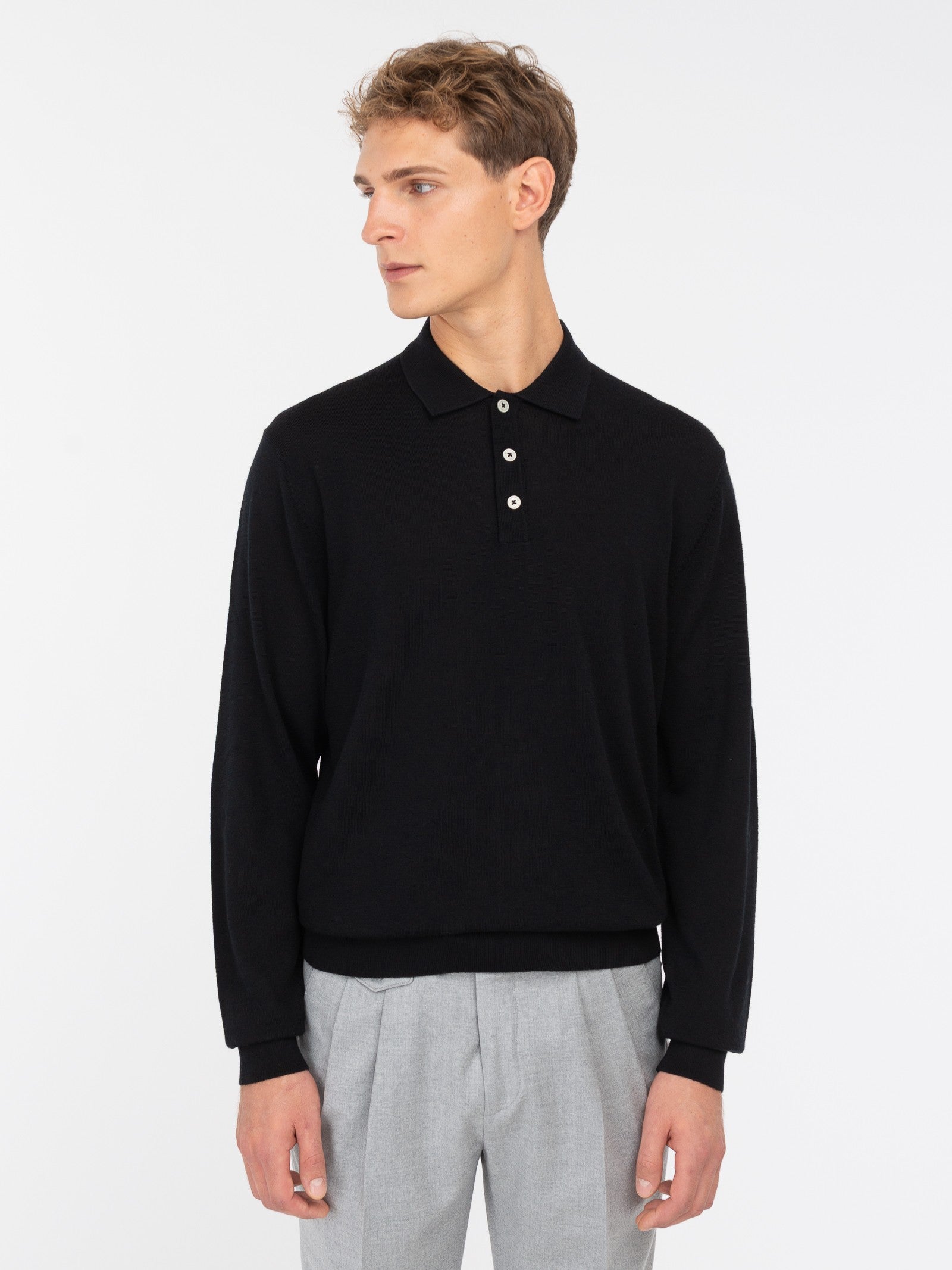 Polo manica lunga rasato pura lana merinos 3XL / NERO