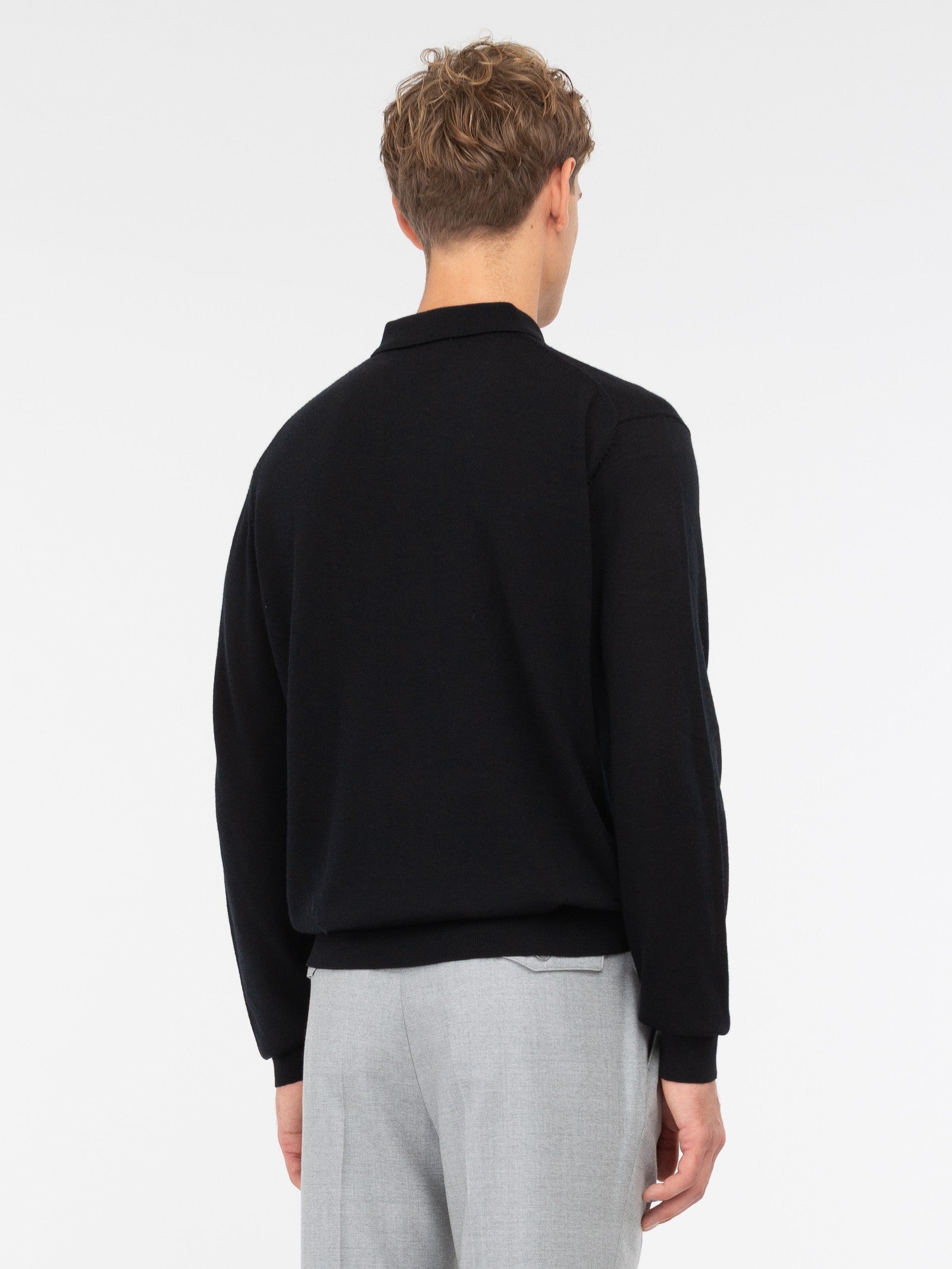 Polo manica lunga rasato pura lana merinos 3XL / NERO