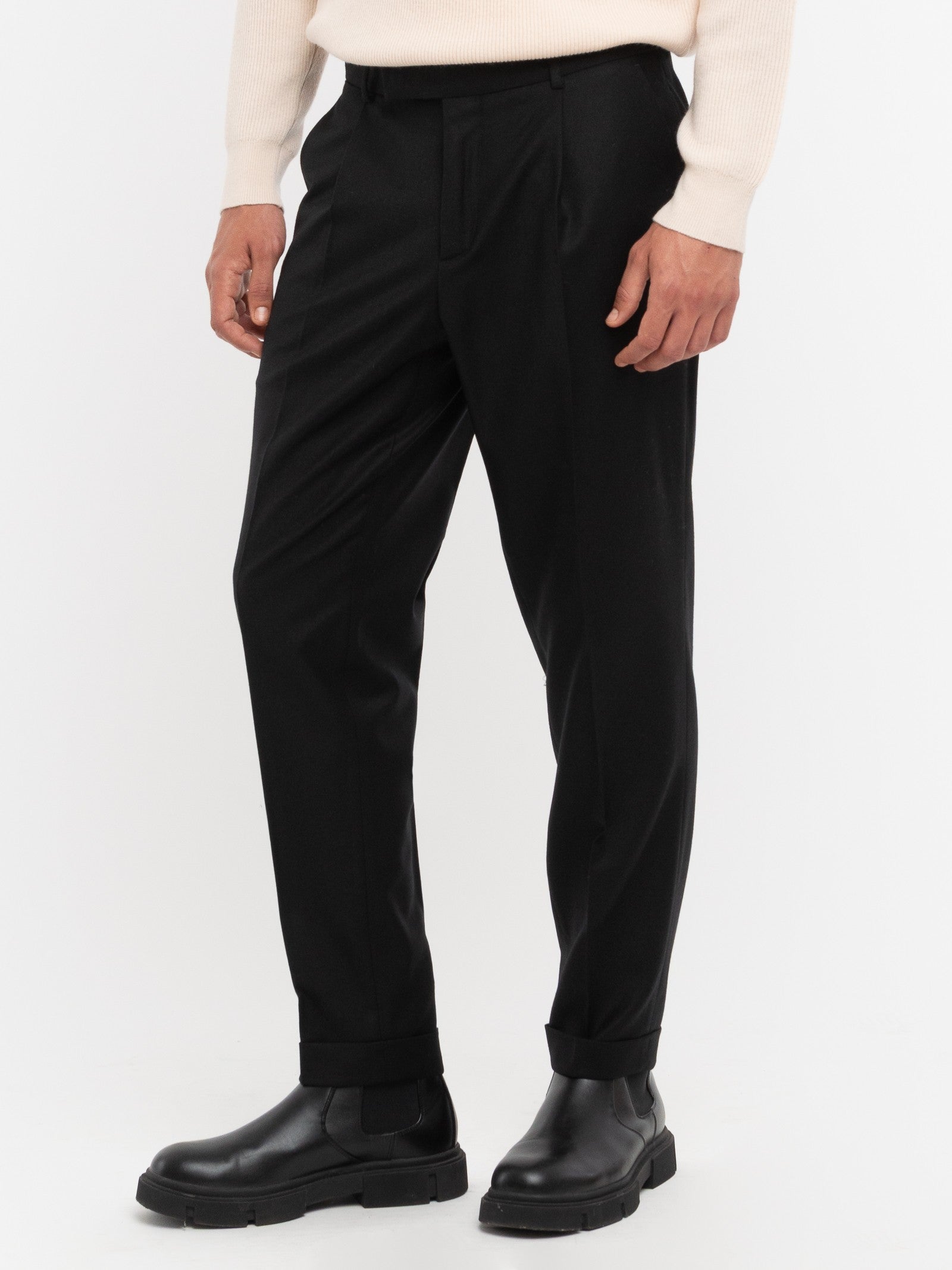 Pantalone pinces flanella di lana stretch 44 / NERO