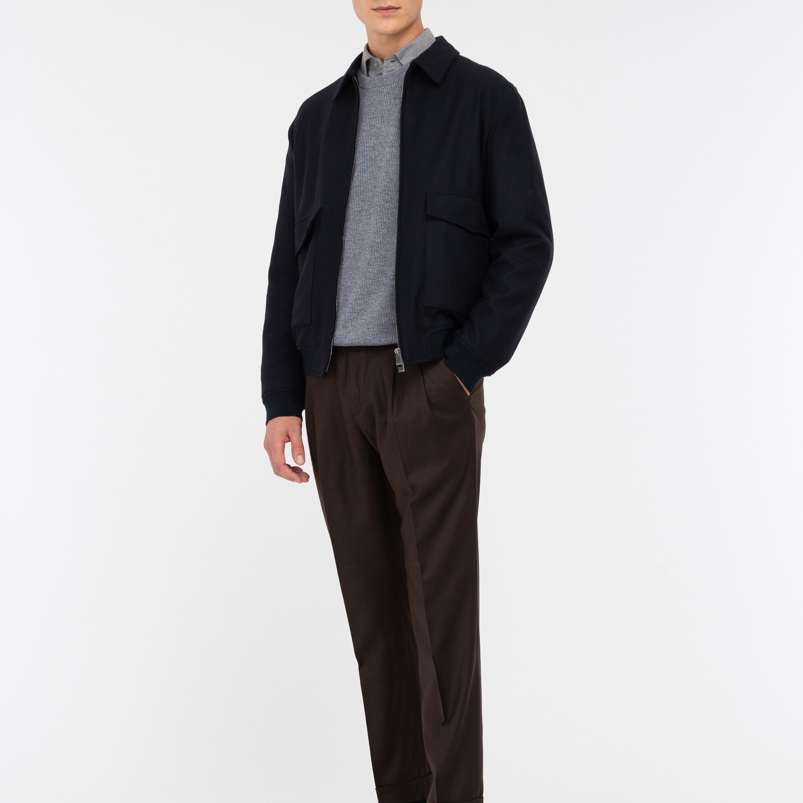 Pantalone doppia pinces flanella di lana stretch 44 / MARRONE