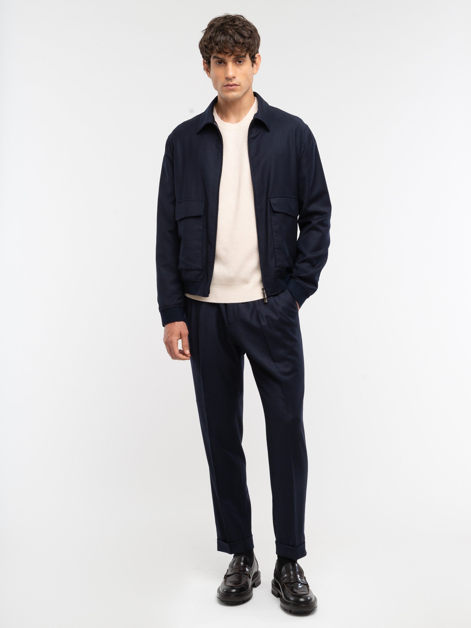 Pantalone doppia pinces flanella di lana stretch 44 / BLU