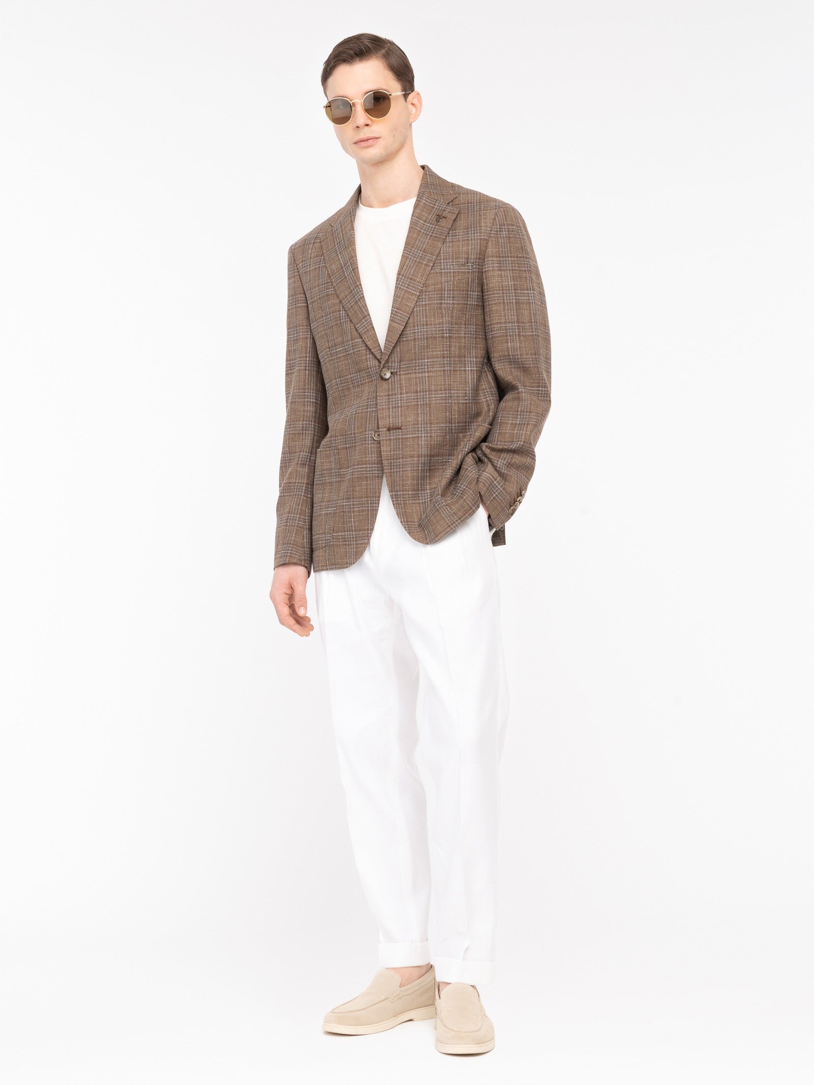 Giacca sfoderata macro check misto lana cotone 44 / MARRONE