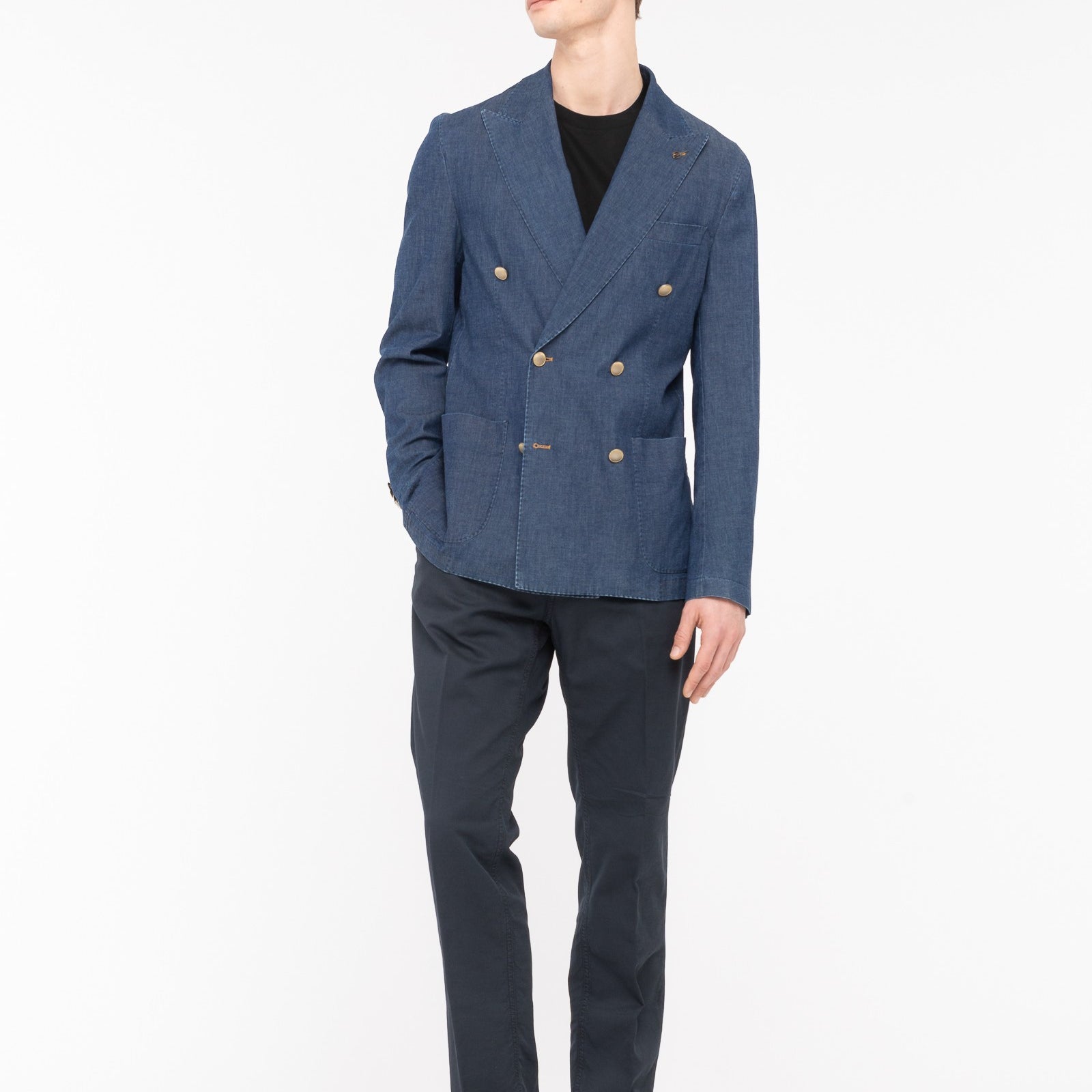 Giacca doppiopetto lavata chambray di cotone stretch 44 / BLU