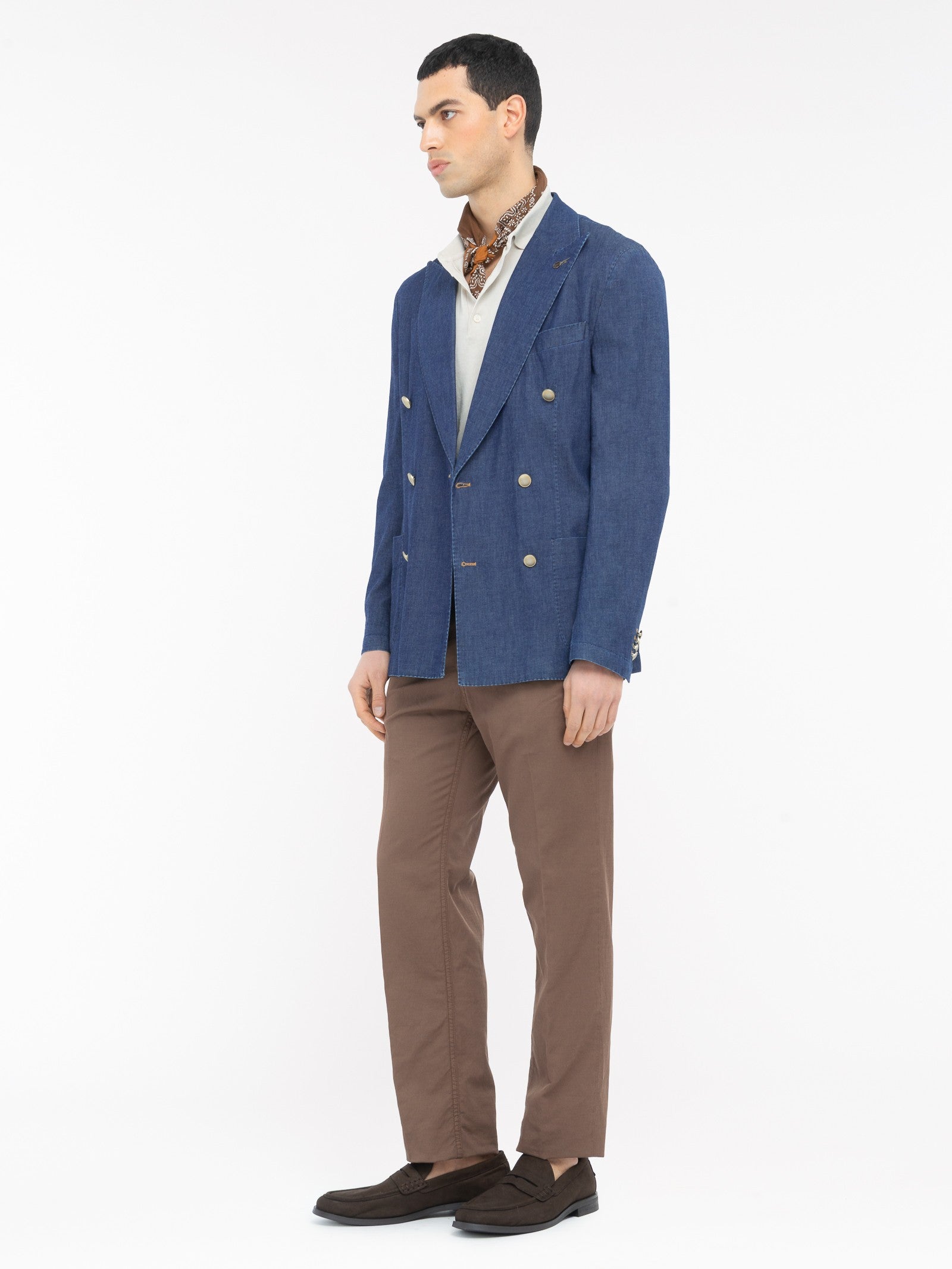 Giacca doppiopetto lavata chambray di cotone stretch 44 / BLU