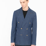 Giacca doppiopetto lavata chambray di cotone stretch 44 / BLU