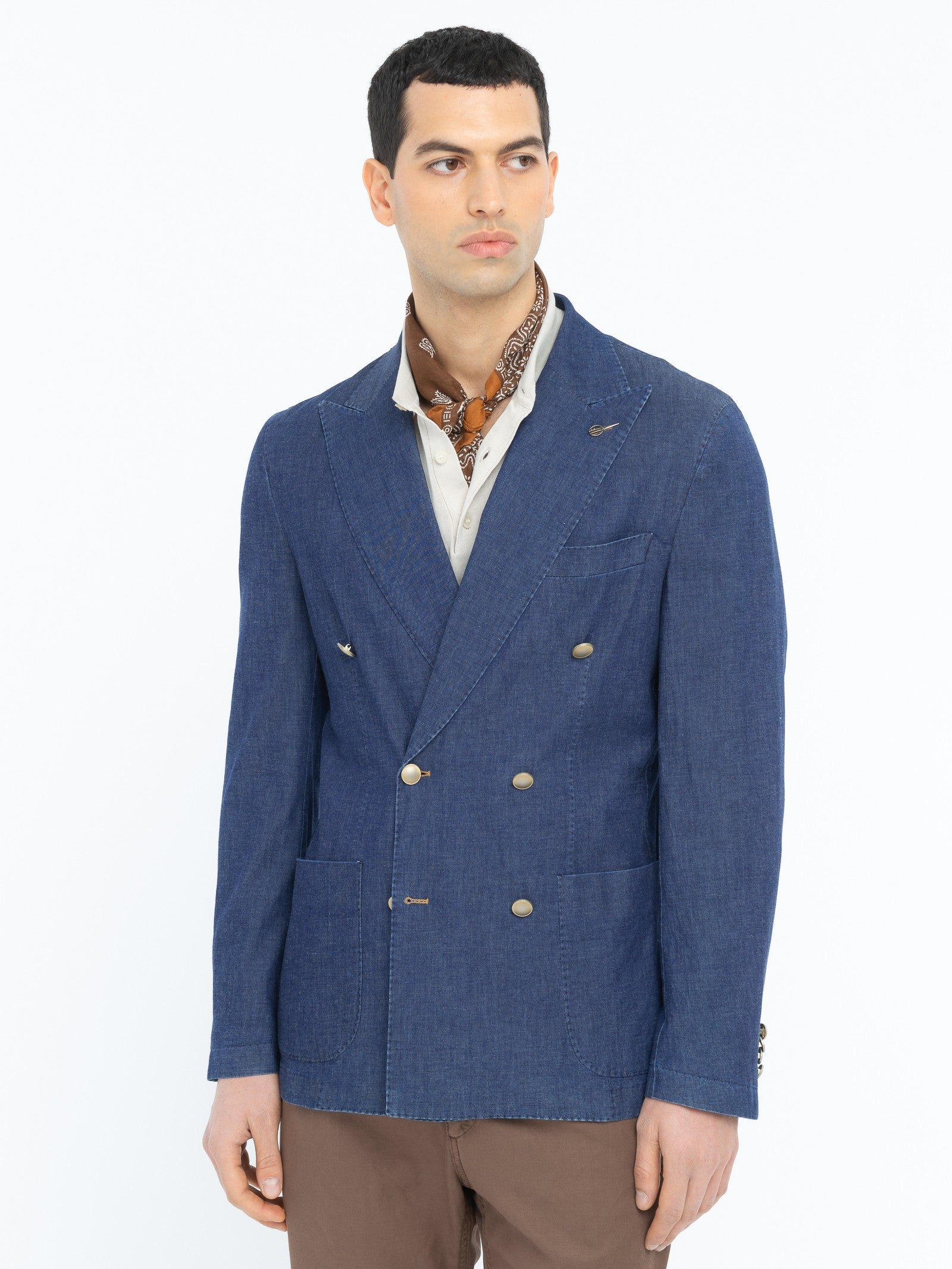 Giacca doppiopetto lavata chambray di cotone stretch 44 / BLU