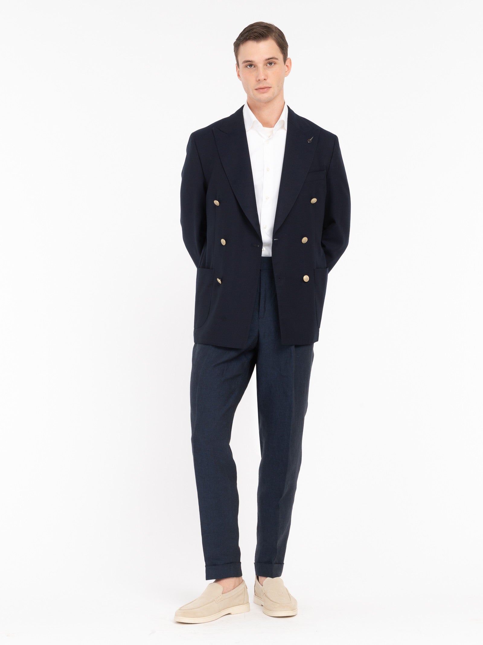 Giacca doppiopetto micro texture lana vergine super 110`s 44 / BLU