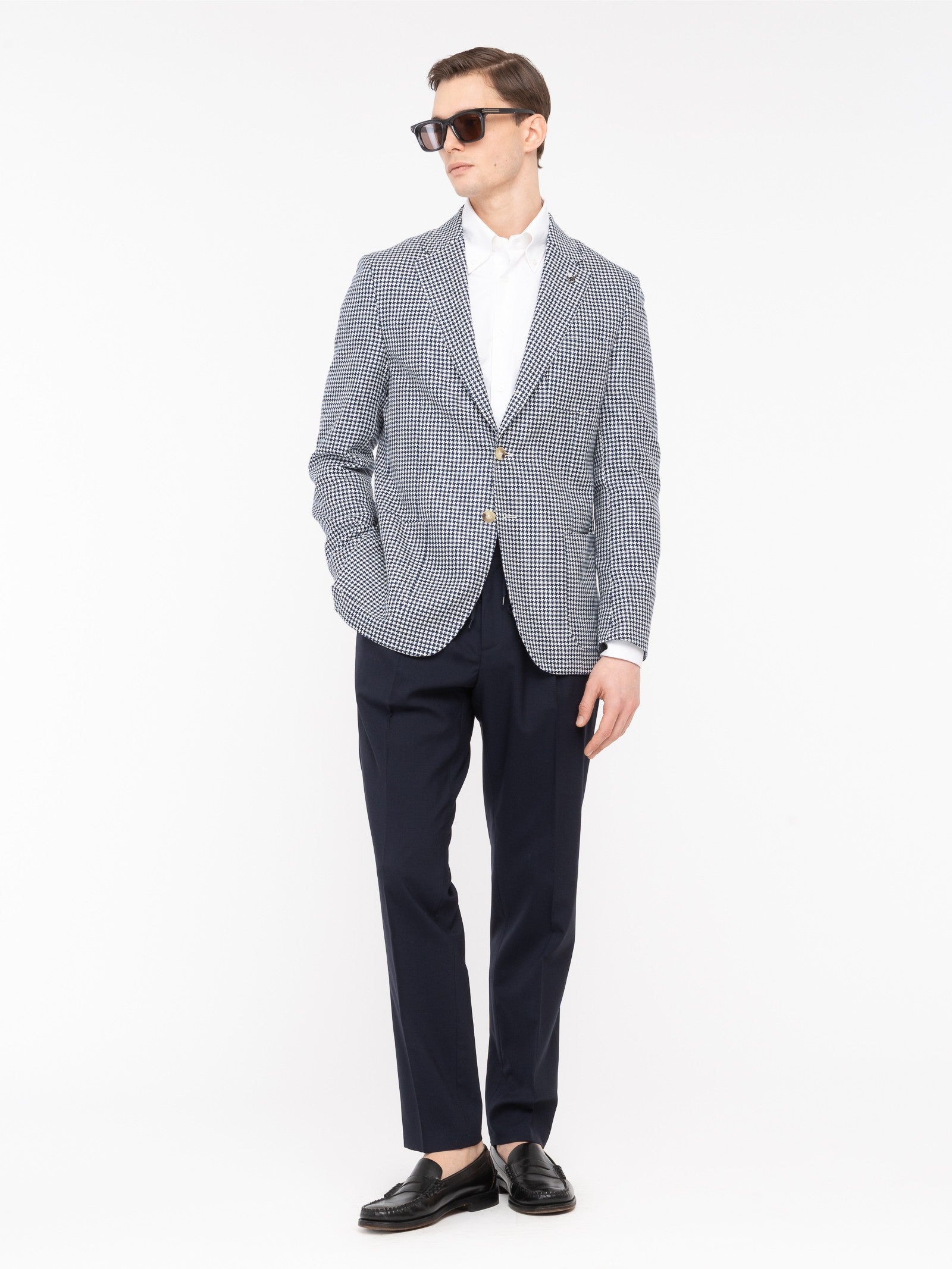 Giacca sfoderata pied de poule lana cotone 44 / BLU