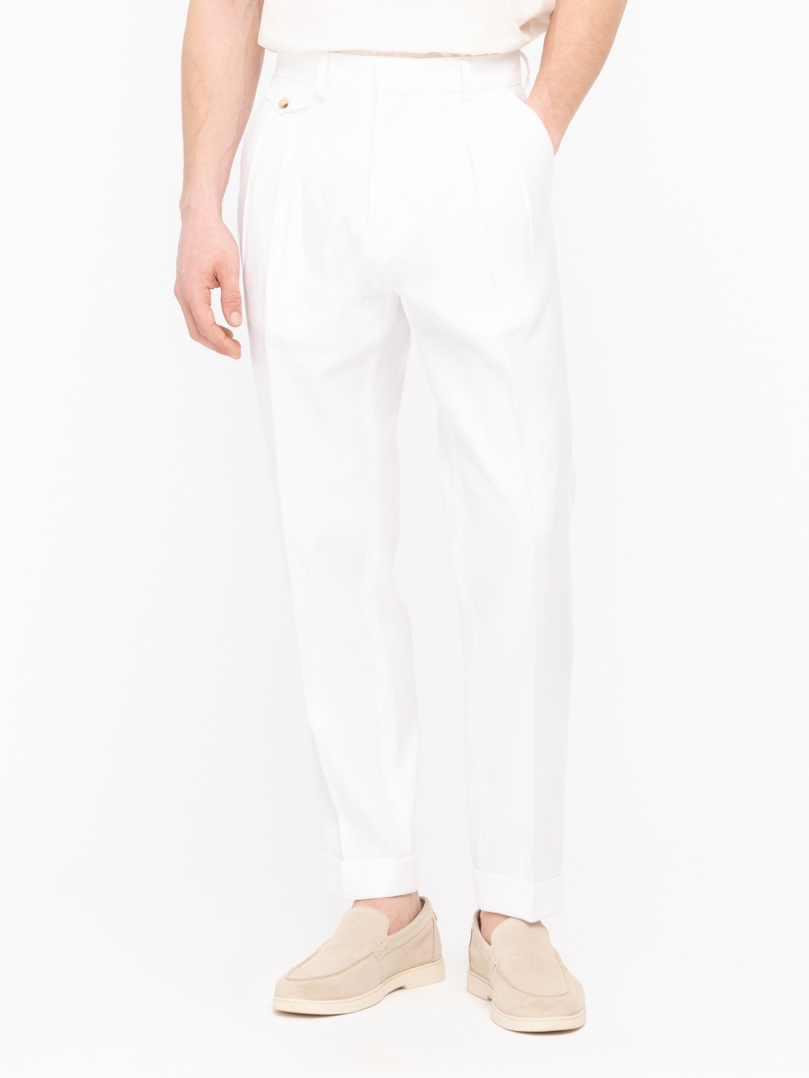 Pantalone doppia pinces denim misto lino cotone 44 / BIANCO