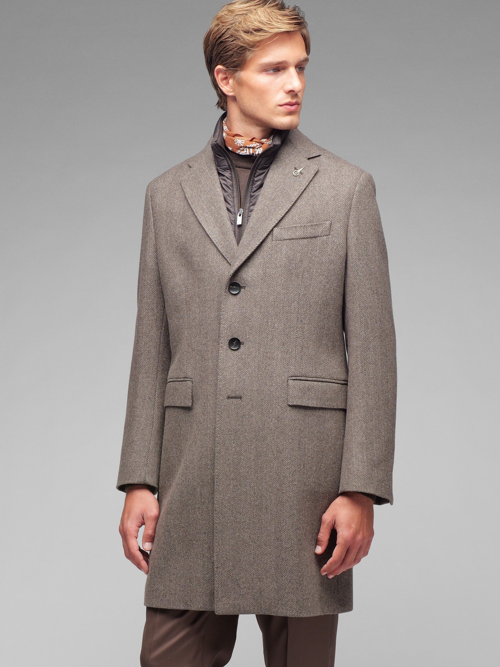 Cappotto pettorina chevron misto lana cashmere 44 / MARRONE