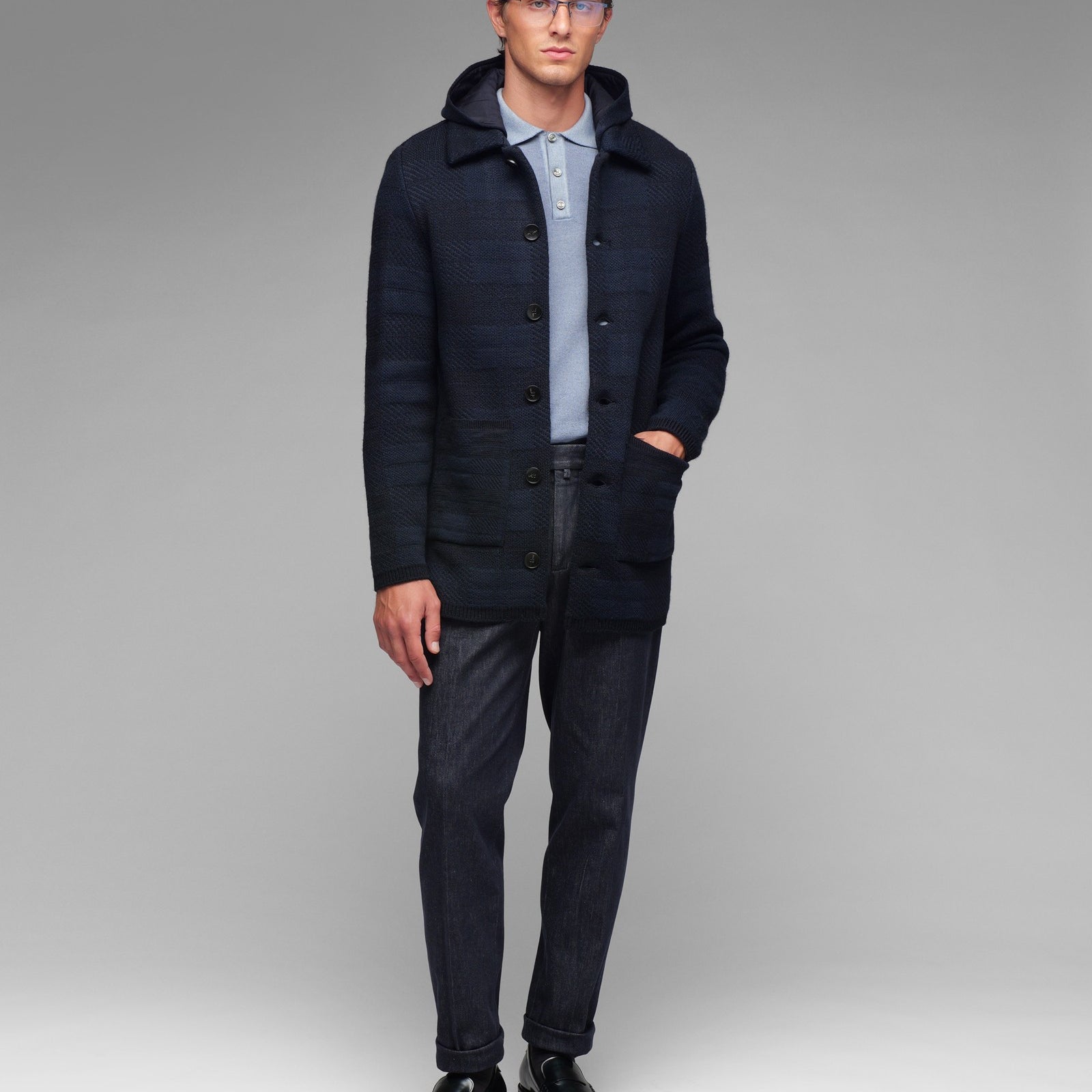 Cappotto in maglia check misto lana 44 / BLU