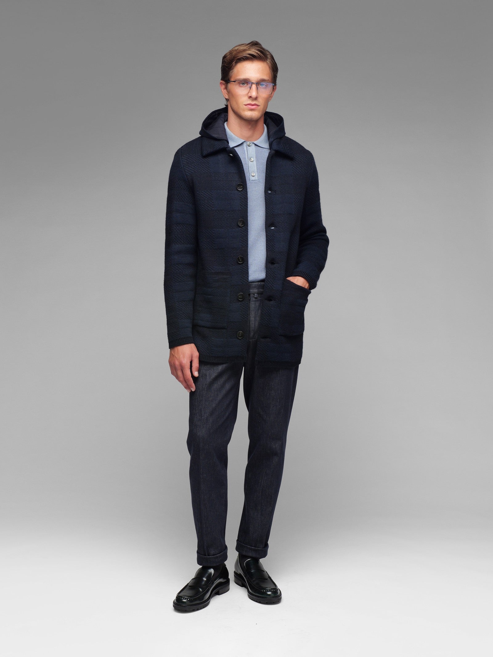 Cappotto in maglia check misto lana 44 / BLU