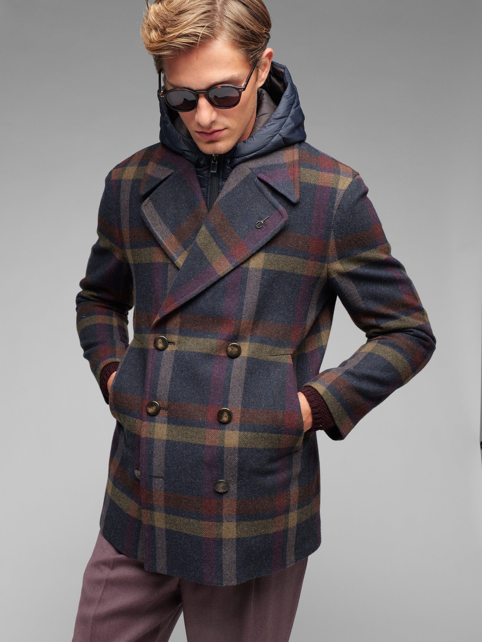 Peacoat con pettorina overcheck misto lana 44 / BLU