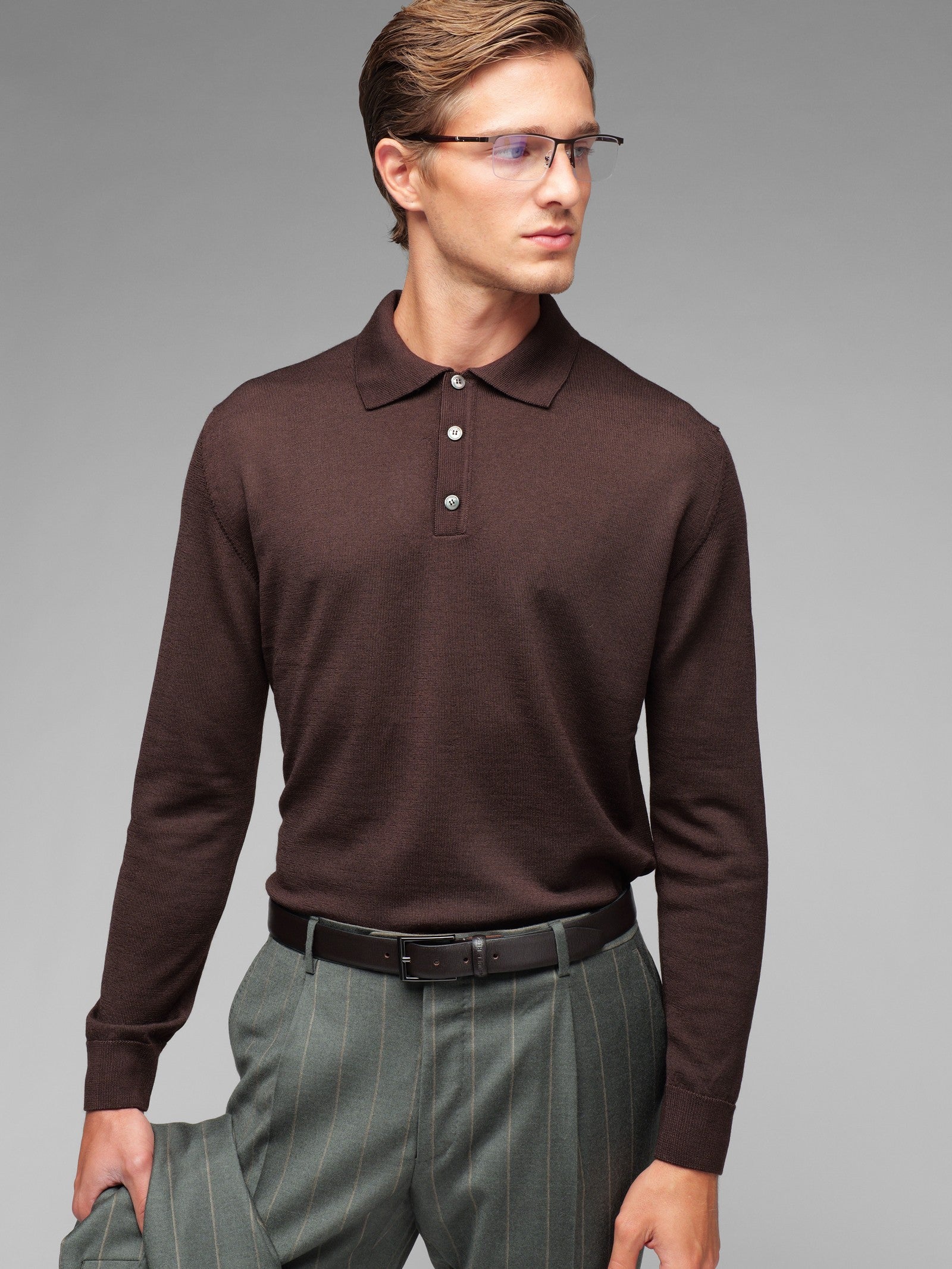 Polo manica lunga rasato pura lana merinos 3XL / MARRONE