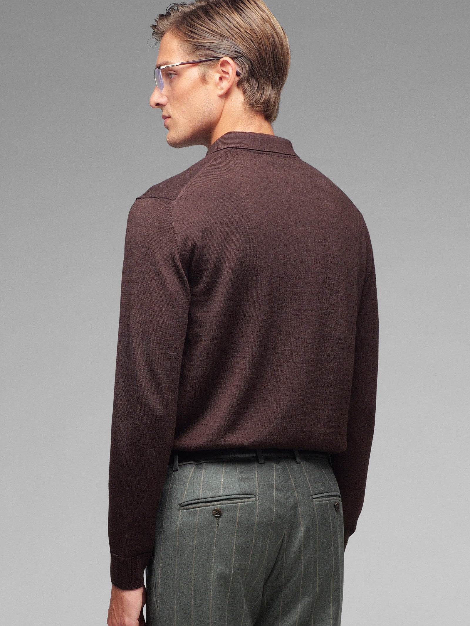 Polo manica lunga rasato pura lana merinos 3XL / MARRONE