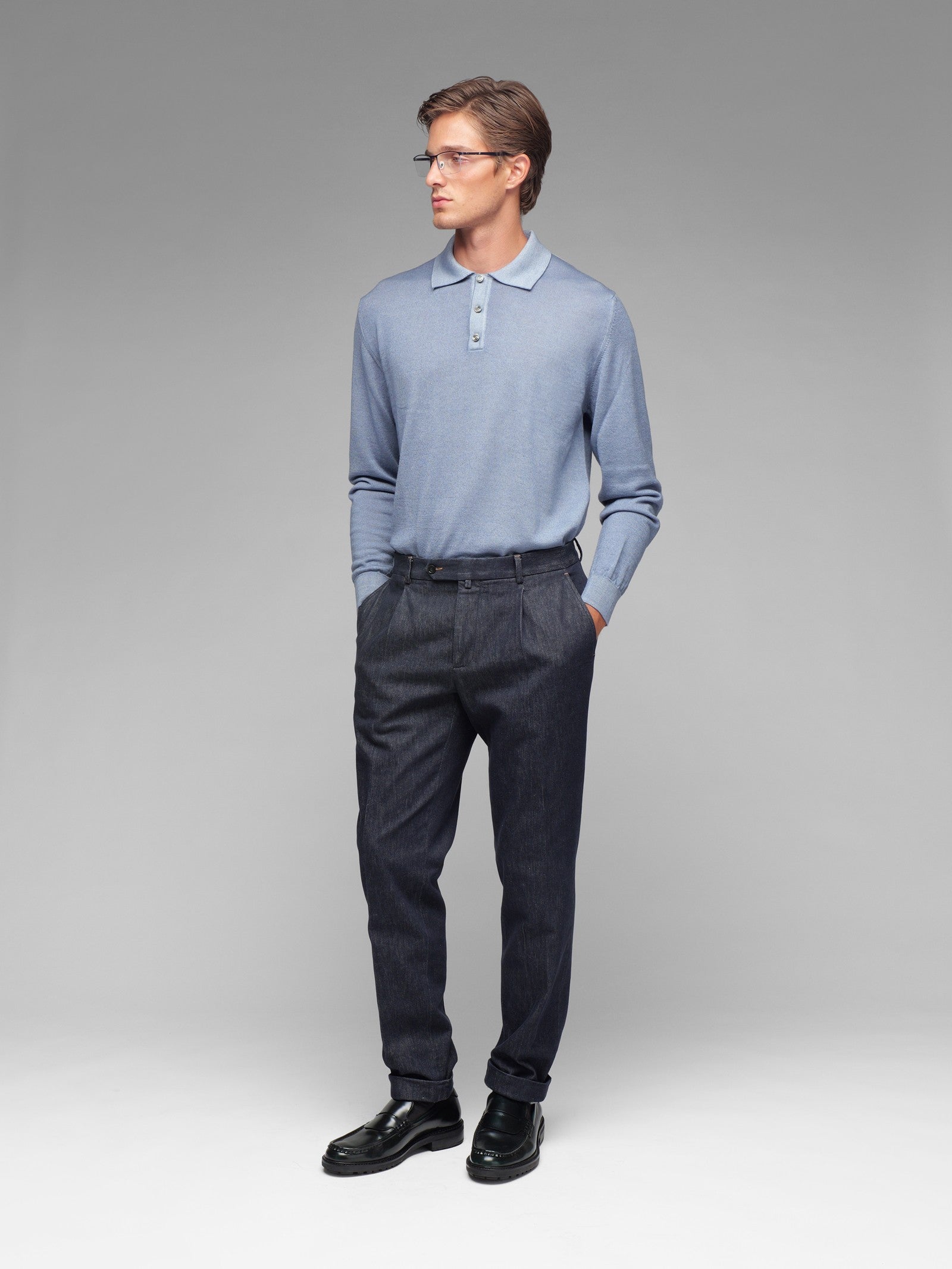Polo manica lunga rasato pura lana merinos 3XL / AZZURRO