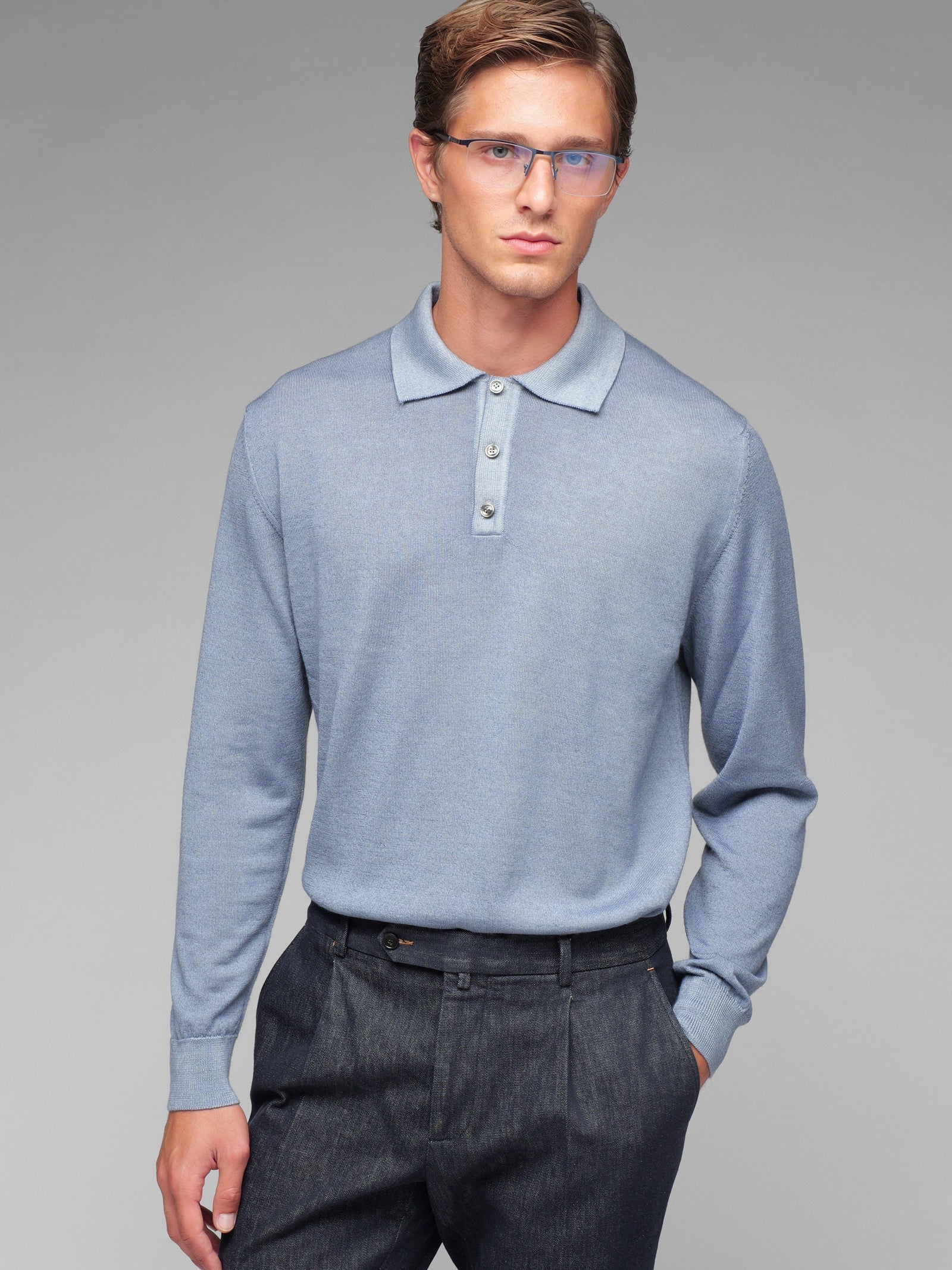 Polo manica lunga rasato pura lana merinos 3XL / AZZURRO