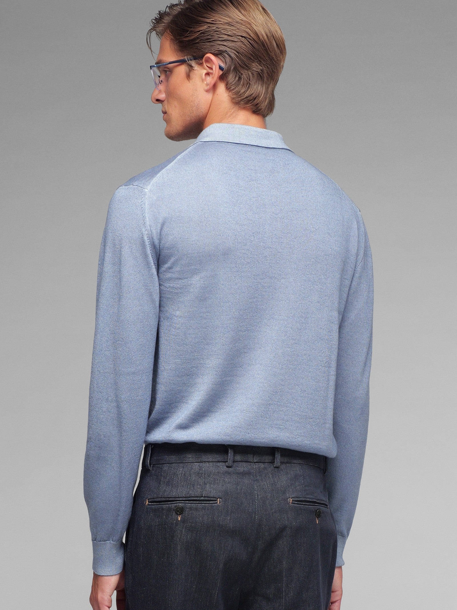 Polo manica lunga rasato pura lana merinos 3XL / AZZURRO