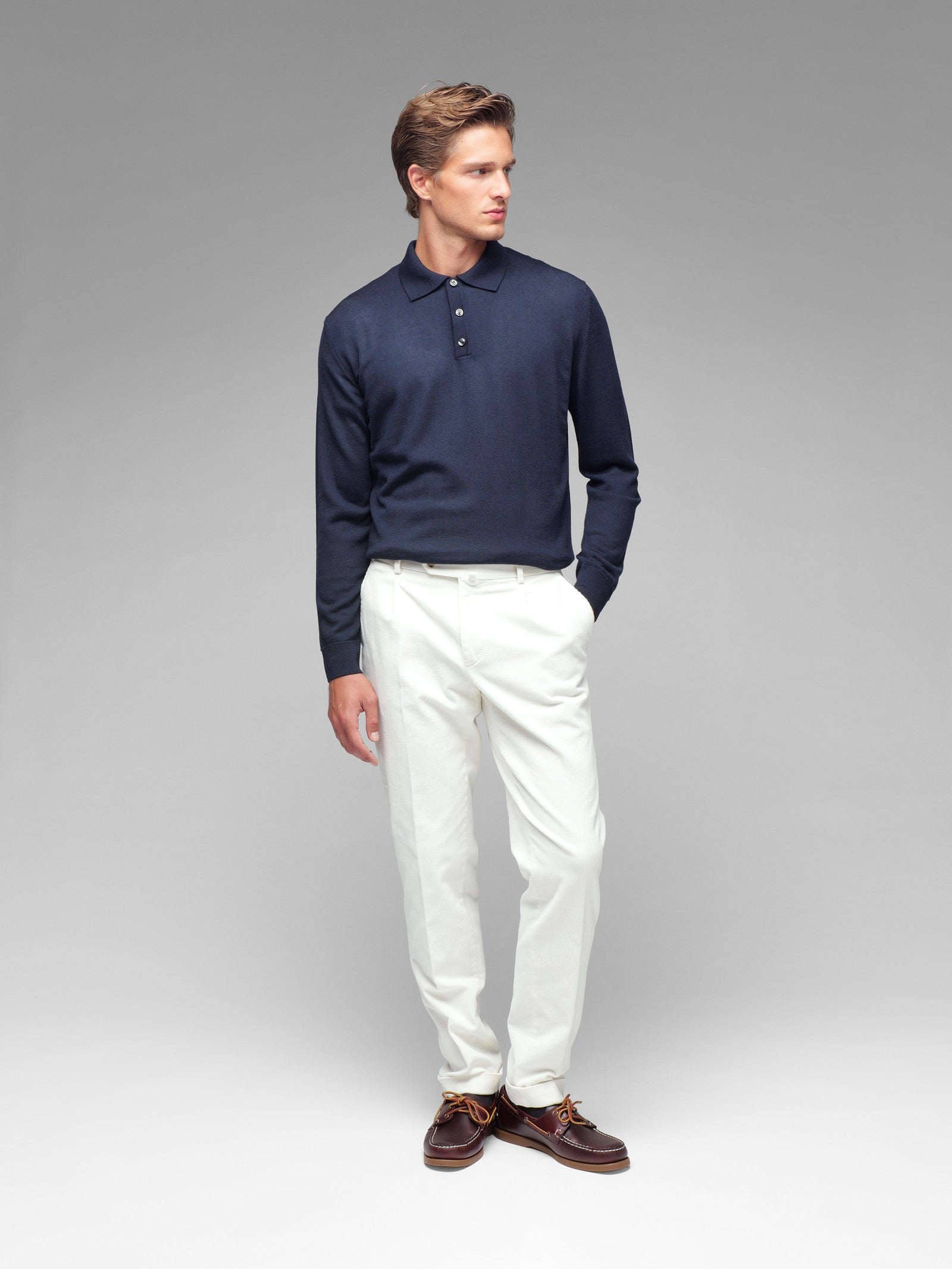 Polo manica lunga rasato pura lana merinos 3XL / BLU
