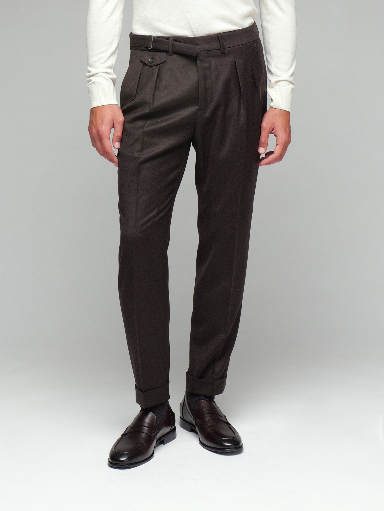 Pantalone doppia pinces flanella di lana stretch 44 / MARRONE